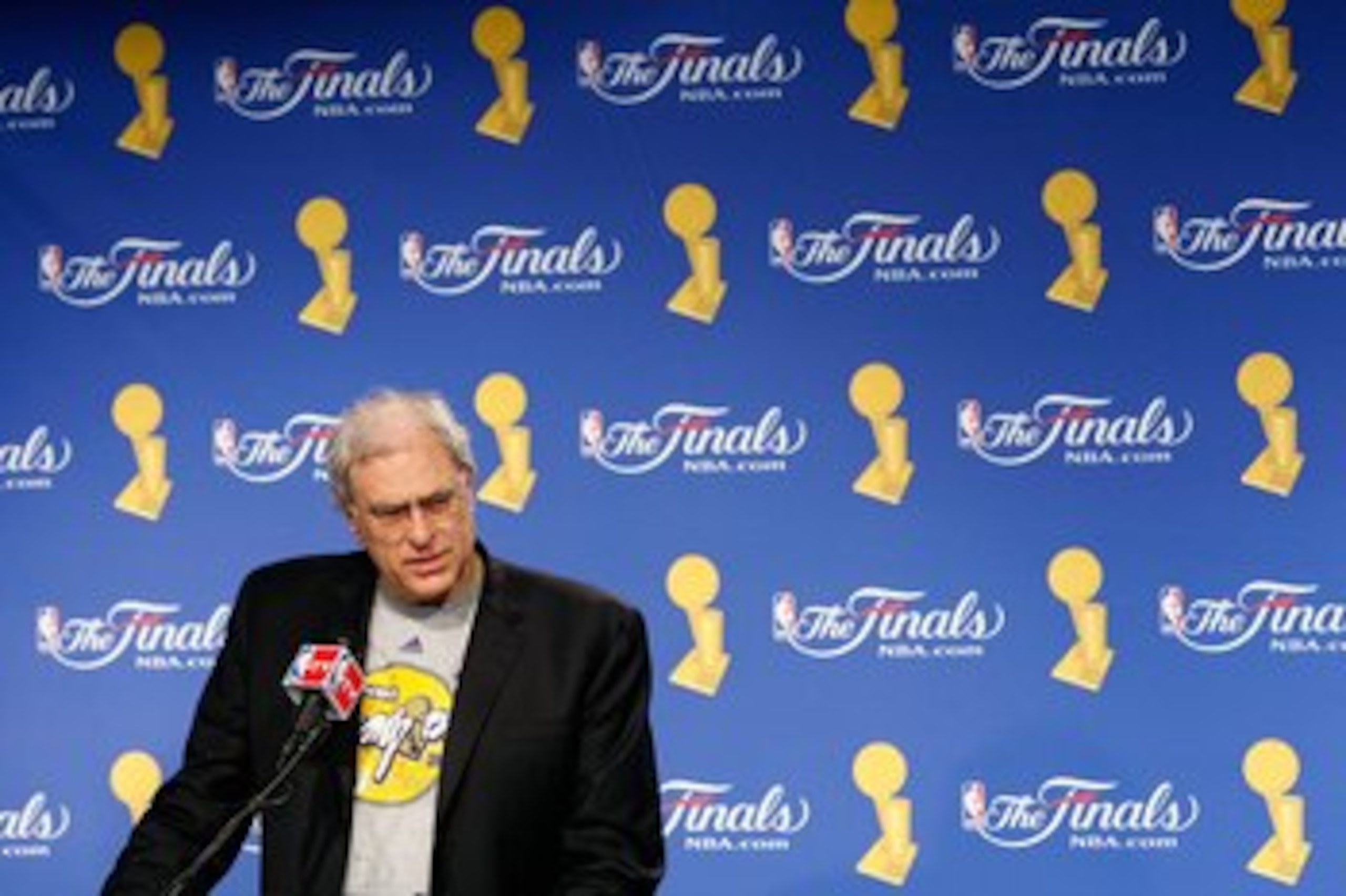 ORLANDO, FL - JUNE 14:  Head coach Phil Jackson of the Los Angeles Lakers speaks to the media after the Lakers defeated the Orlando Magic in Game Five of the 2009 NBA Finals on June 14, 2009 at Amway Arena in Orlando, Florida.  The Lakers won 99-86.  NOTE