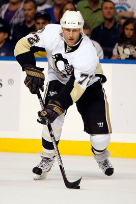 TAMPA, FL - APRIL 20: Alex Kovalev #72 of the Pittsburgh Penguins skates with the puck against the Tampa Bay Lightning in Game Four of the Eastern Conference Quarterfinals during the 2011 NHL Stanley Cup Playoffs at the St. Pete Times Forum on April 20, 2