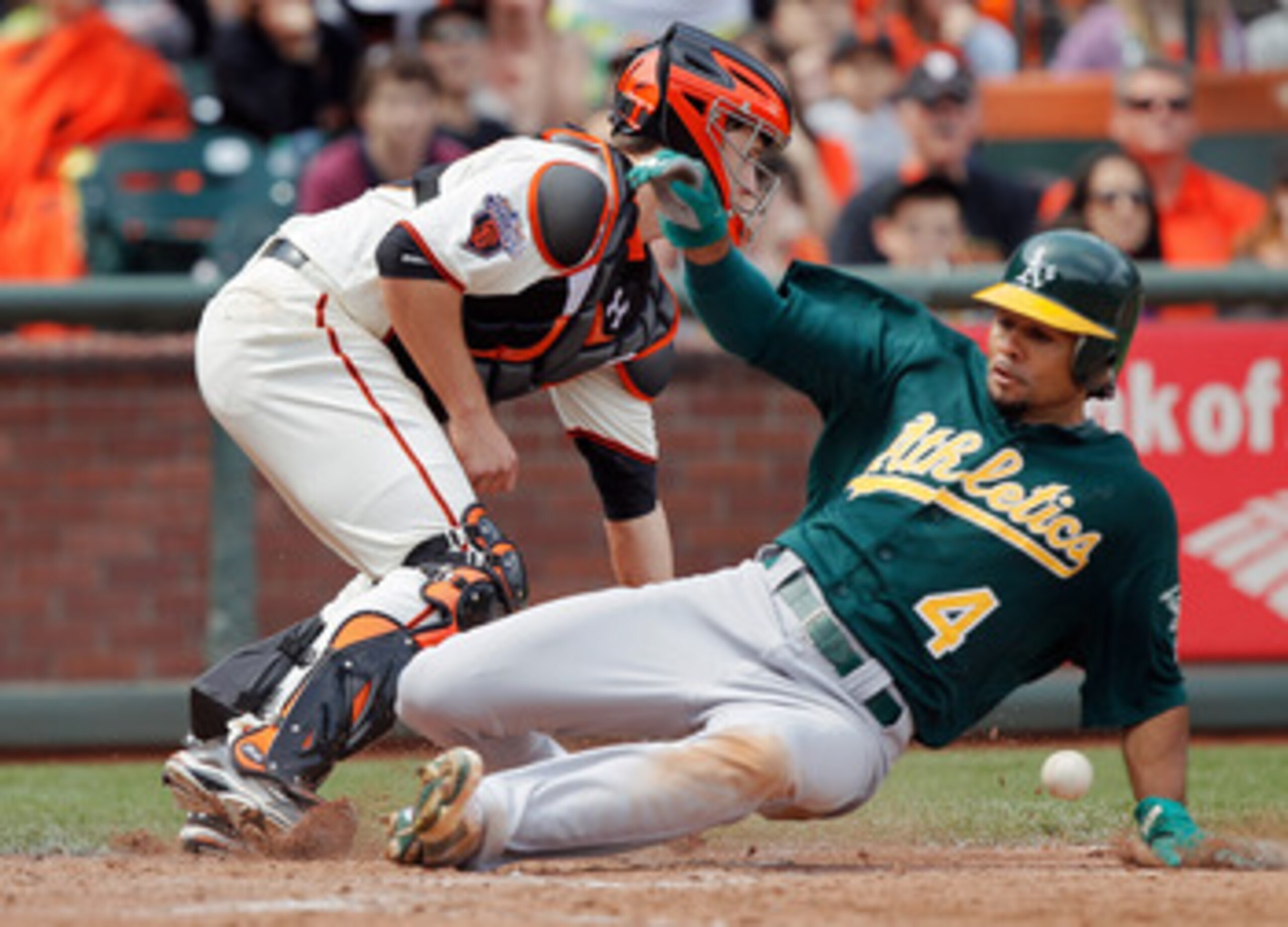 SAN FRANCISCO, CA - MAY 22: Coco Crisp #4 of the Oakland A's scores a go-ahead run from second base ahead of the throw to catcher Buster Posey #28 of the San Francisco Giants on a single by Daric Barton in the seventh inning at AT&T Park on May 22, 2011 SAN FRANCISCO, CA - MAY 22: Coco Crisp #4 of the Oakland A's scores a go-ahead run from second base ahead of the throw to catcher Buster Posey #28 of the San Francisco Giants on a single by Daric Barton in the seventh inning at AT&T Park on May 22, 2011