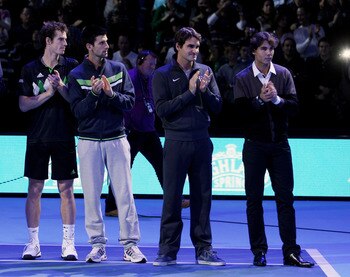 LONDON, ENGLAND - NOVEMBER 21:  (L-R) Andy Murray of Great Britain, Novak Djokovic of Siberia, Roger Federer of Switzerland and Rafael Nadal of Spain attend a ceremony for Carlos Moya's retirement during the Barclays ATP World Tour Finals at O2 Arena on N