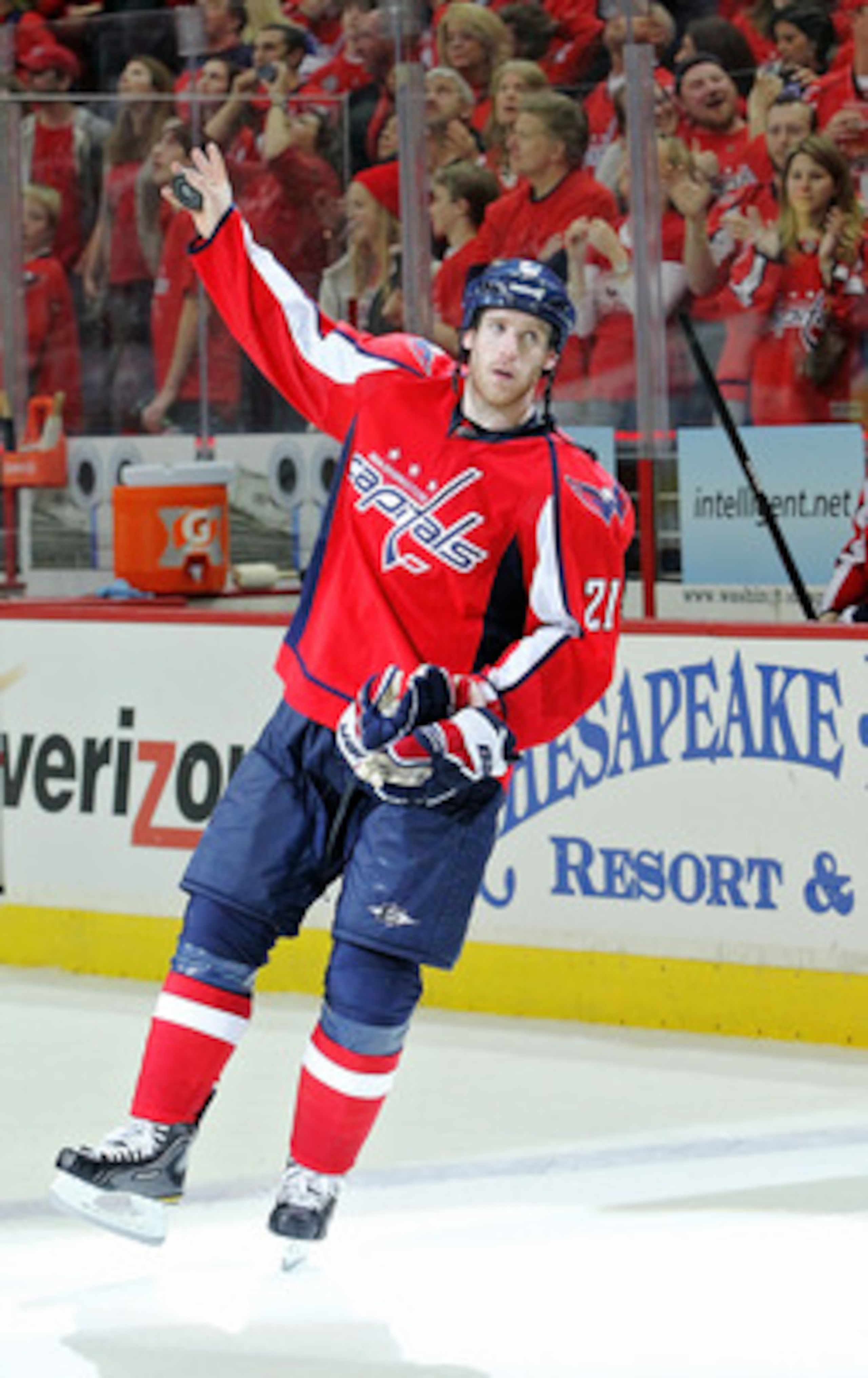 WASHINGTON , DC - APRIL 23:  Brooks Laich #21 of the Washington Capitals celebrates being named the third star of the game against the New York Rangers in Game Five of the Eastern Conference Quarterfinals during the 2011 NHL Stanley Cup Playoffs at the Ve