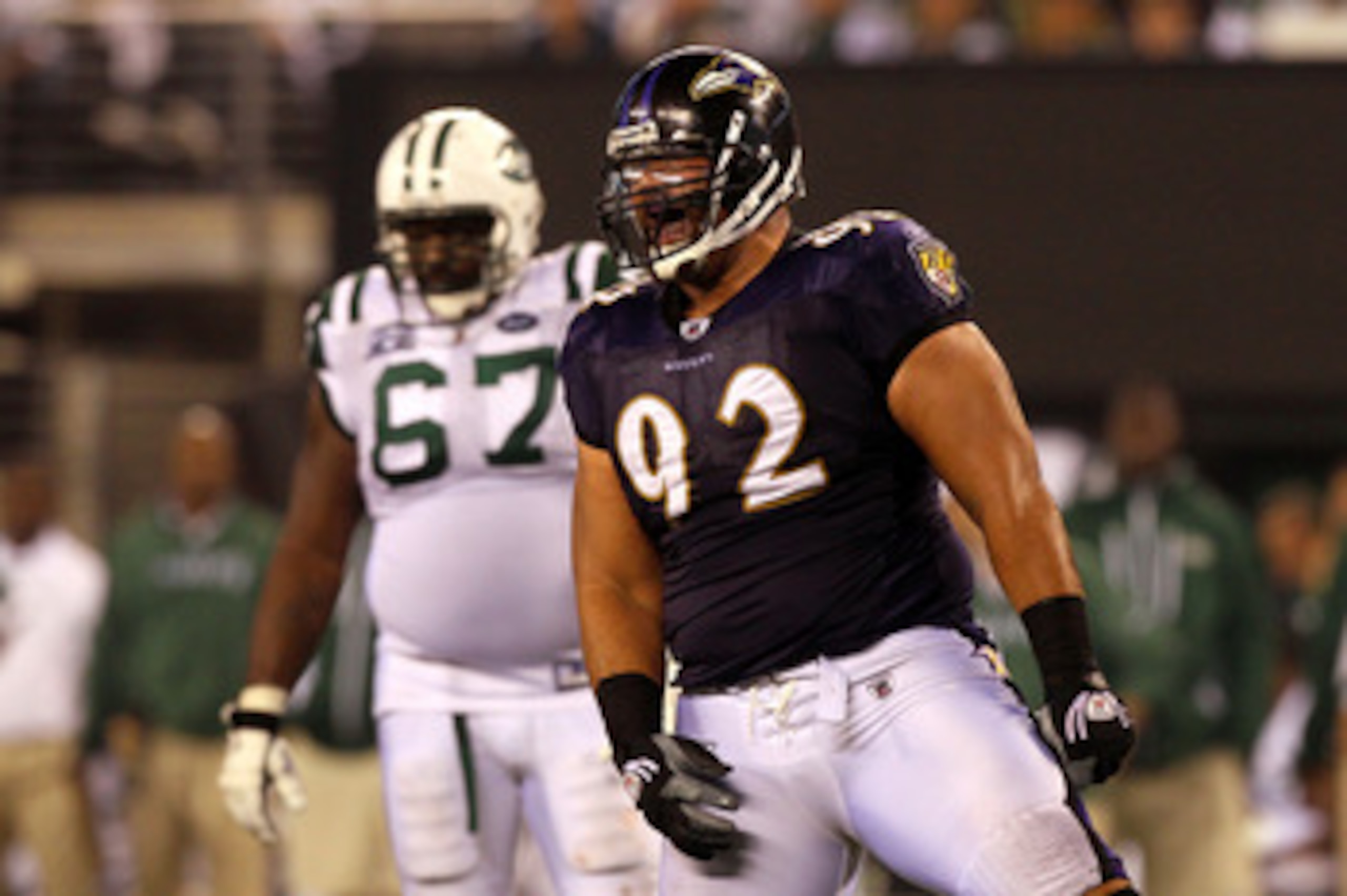 EAST RUTHERFORD, NJ - SEPTEMBER 13:  Haloti Ngata #92 of the Baltimore Ravens celebrates after a play against the New York Jets during their Jets home opener at the New Meadowlands Stadium on September 13, 2010 in East Rutherford, New Jersey.  (Photo by J