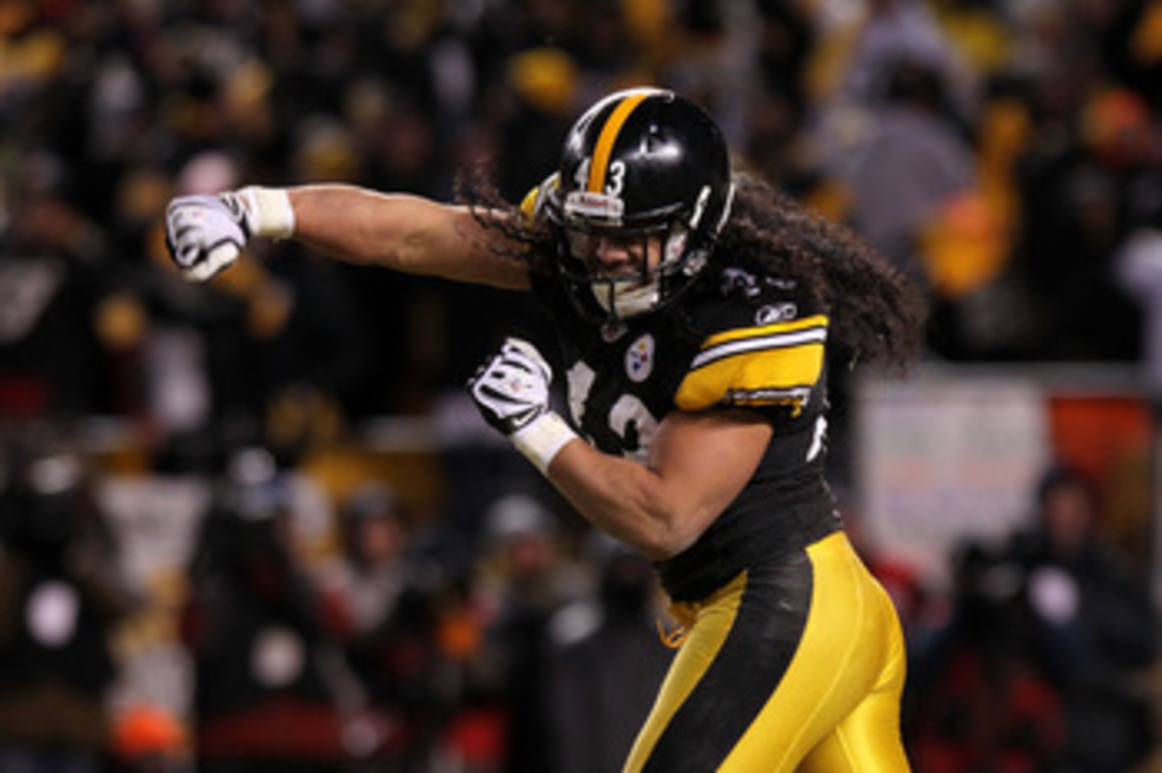 PITTSBURGH, PA - JANUARY 23: Troy Polamalu #43 of the Pittsburgh Steelers reacts after they stopped the New York Jets on the goal line on the fourth down in the fourth quarter of the 2011 AFC Championship game at Heinz Field on January 23, 2011 in Pittsb PITTSBURGH, PA - JANUARY 23: Troy Polamalu #43 of the Pittsburgh Steelers reacts after they stopped the New York Jets on the goal line on the fourth down in the fourth quarter of the 2011 AFC Championship game at Heinz Field on January 23, 2011 in Pittsb