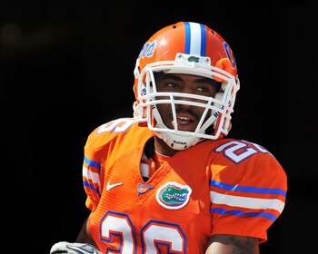 GAINESVILLE, FL - APRIL 9:  Cornerback De'Ante Saunders #26 of the Florida Gators warms up before the Orange and Blue spring football game April 9, 2011 at Ben Hill Griffin Stadium in Gainesville, Florida.  (Photo by Al Messerschmidt/Getty Images)