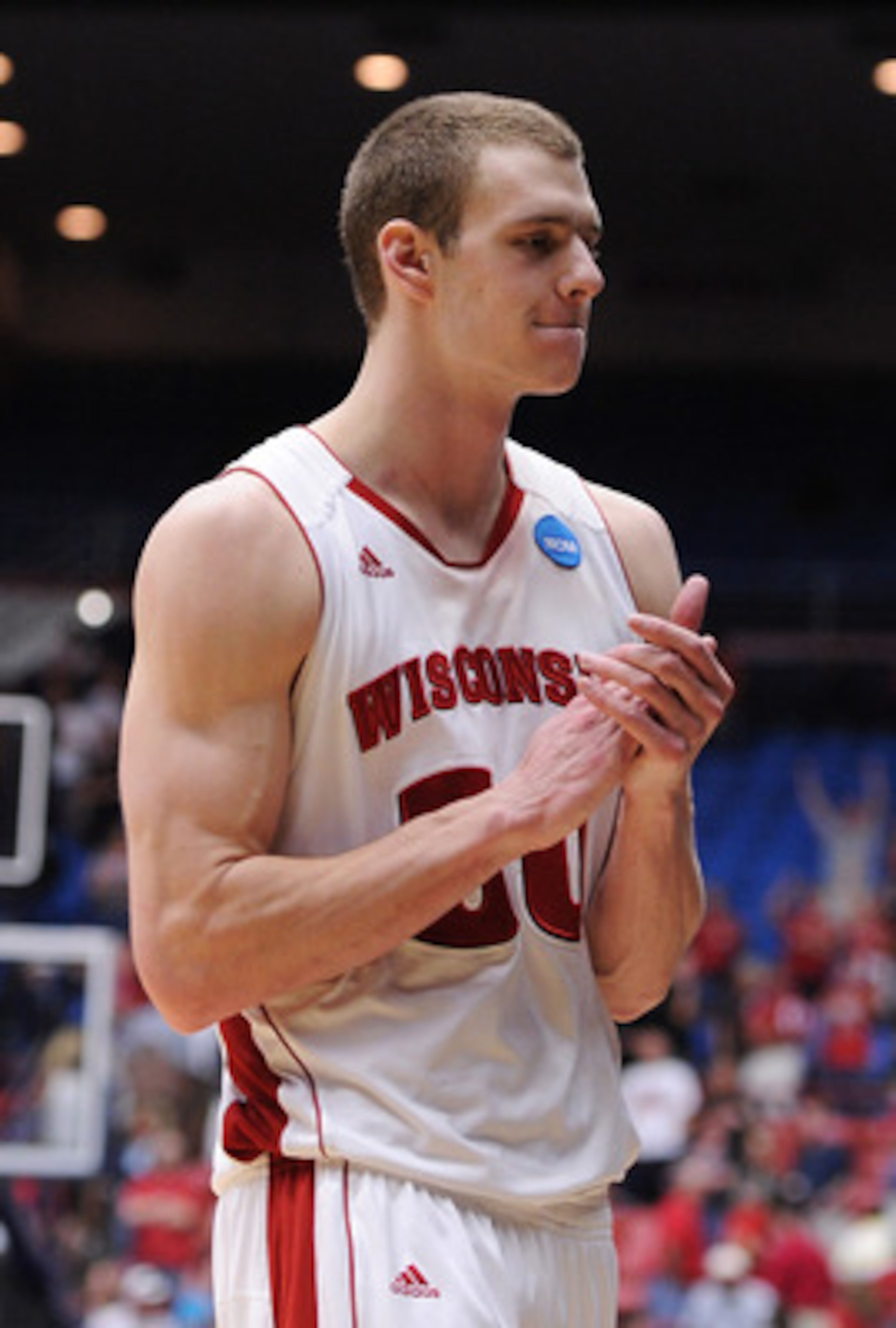 TUCSON, AZ - MARCH 19:  Jon Leuer #30 of the Wisconsin Badgers celebrates during their game against the Kansas State Wildcats during the third round of the 2011 NCAA men's basketball tournament at McKale Center on March 19, 2011 in Tucson, Arizona.  (Phot