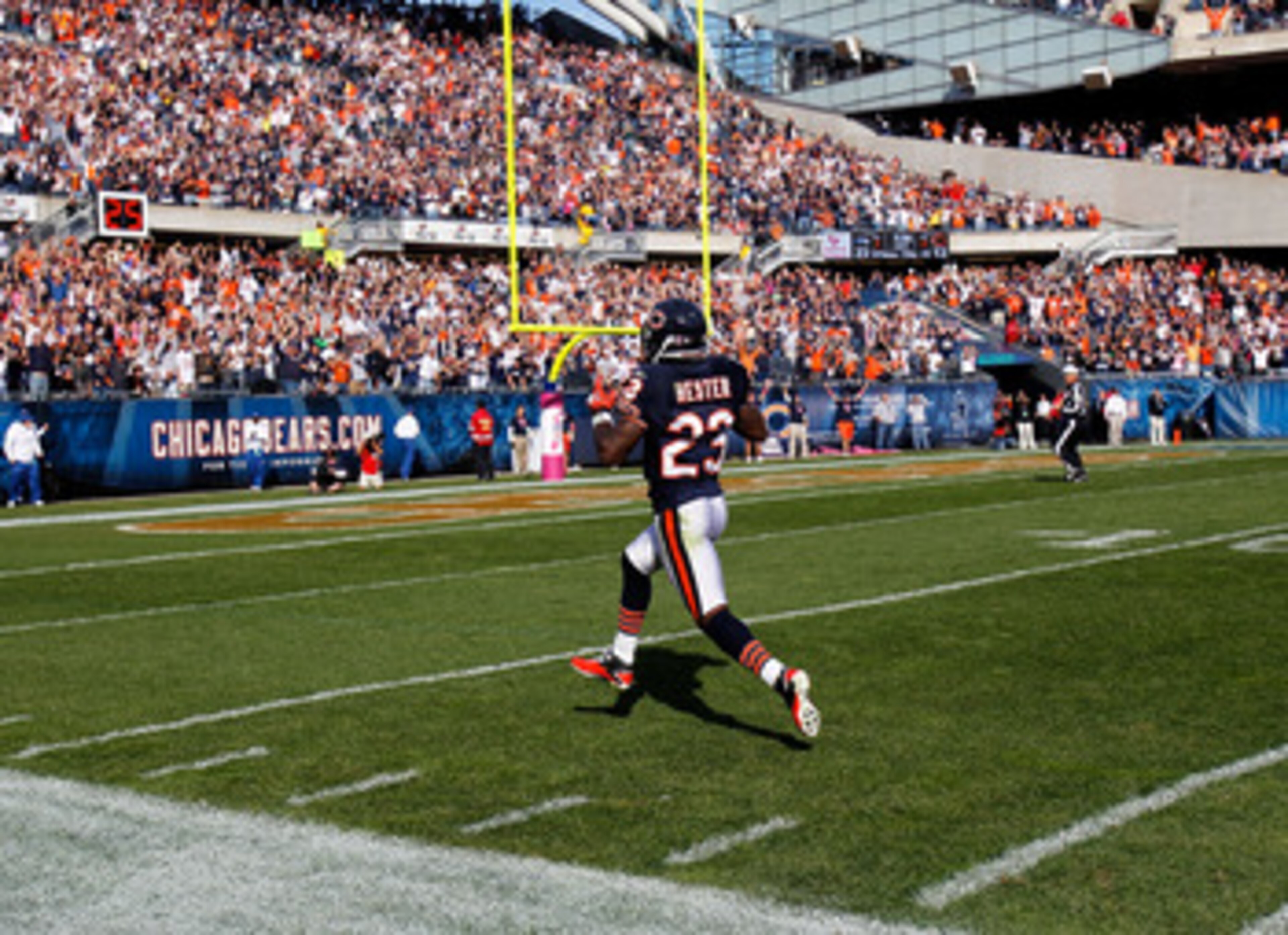 CHICAGO - OCTOBER 17: Devin Hester #23 of the Chicago Bears returns a punt 89 years for a touchdown in the 4th quarter against the Seattle Seahawks at Soldier Field on October 17, 2010 in Chicago, Illinois. The Seahawks defeated the Bears 23-20. (Photo by CHICAGO - OCTOBER 17: Devin Hester #23 of the Chicago Bears returns a punt 89 years for a touchdown in the 4th quarter against the Seattle Seahawks at Soldier Field on October 17, 2010 in Chicago, Illinois. The Seahawks defeated the Bears 23-20. (Photo by