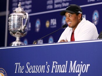 TULSA, OK - AUGUST 12:  Tiger Woods chats with the media after his two-stroke victory at the 89th PGA Championship at the Southern Hills Country Club on August 12, 2007 in Tulsa, Oklahoma.  (Photo by Jeff Gross/Getty Images)