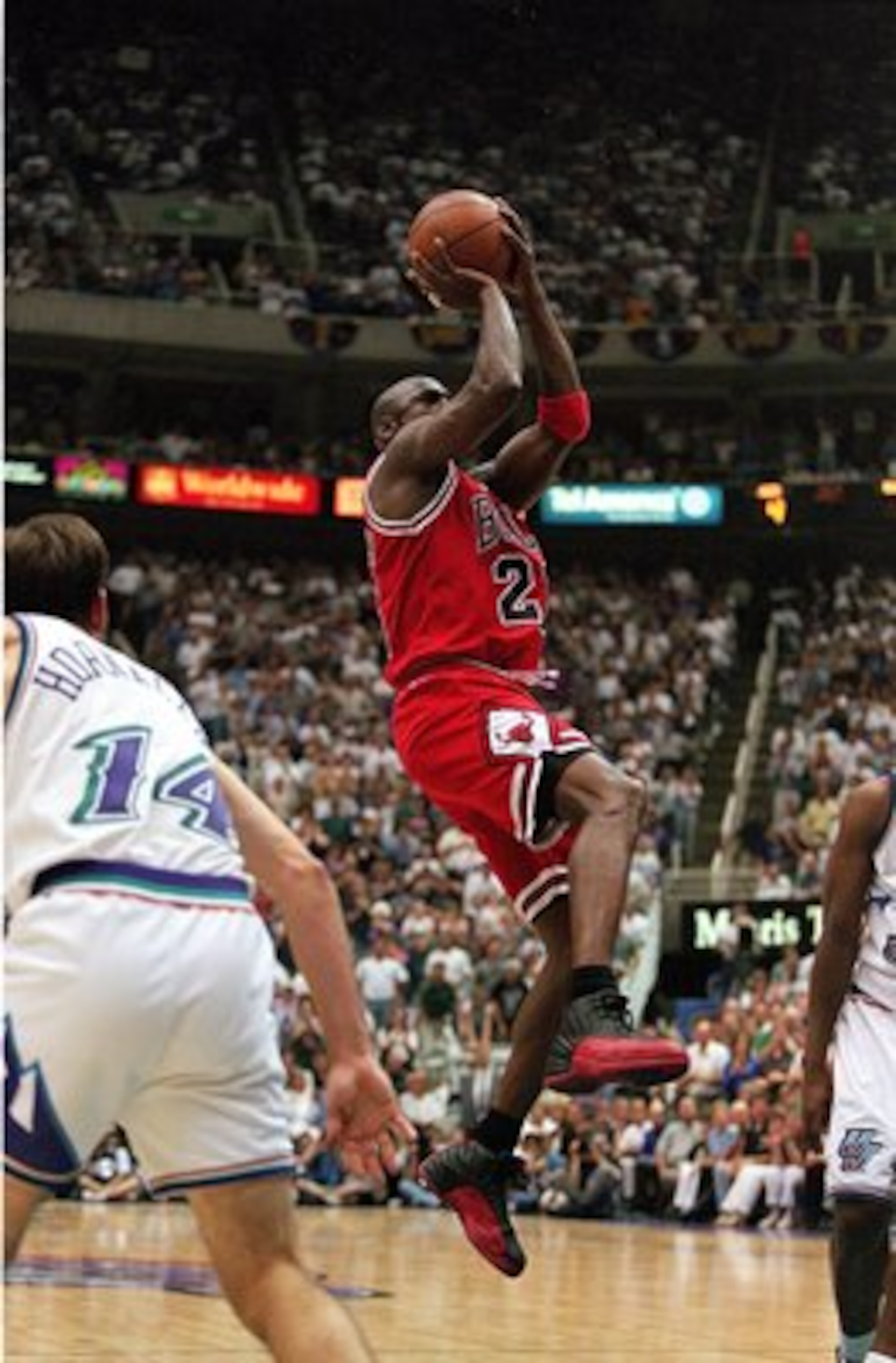 11 Jun 1997:  Michael Jordan #23 of the Chicago Bulls takes a shot at the basket during game five of the NBA Finals against the Utah Jazz at the Delta Center in Salt Lake City, Utah. The Bulls defeated the Jazz 90-88.   Mandatory Credit: Brian Bahr  /Alls