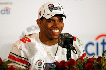 PASADENA, CA - JANUARY 01:  Quarterback Terrelle Pryor #2 of the Ohio State Buckeyes speaks during the post-game news conference after the buckeyes 26-17 win in the 96th Rose Bowl game over the Oregon Ducks on January 1, 2010 in Pasadena, California.  (Ph