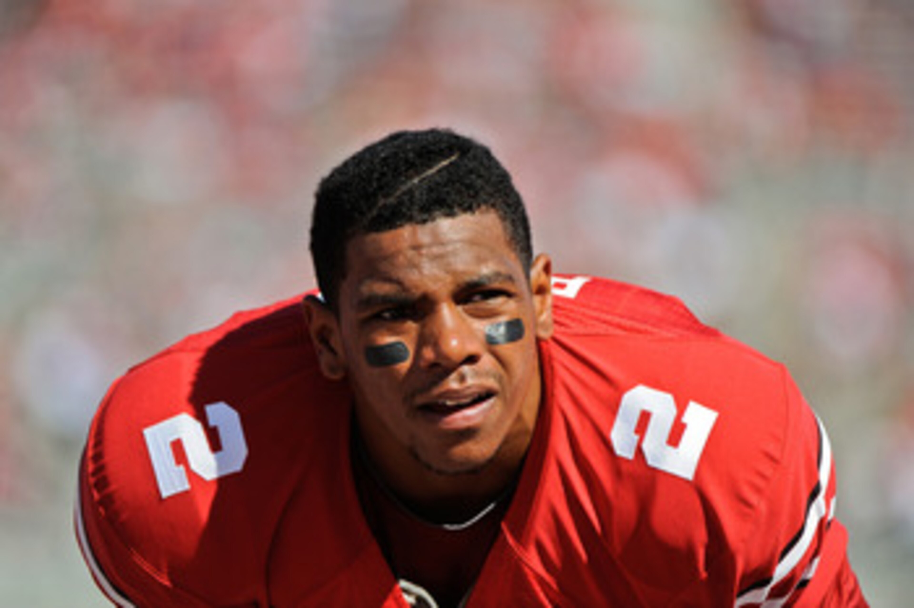 COLUMBUS, OH - SEPTEMBER 18:  Terrelle Pryor #2 of the Ohio State Buckeyes takes a breather during warm ups before a game against the Ohio Bobcats at Ohio Stadium on September 18, 2010 in Columbus, Ohio.  (Photo by Jamie Sabau/Getty Images)