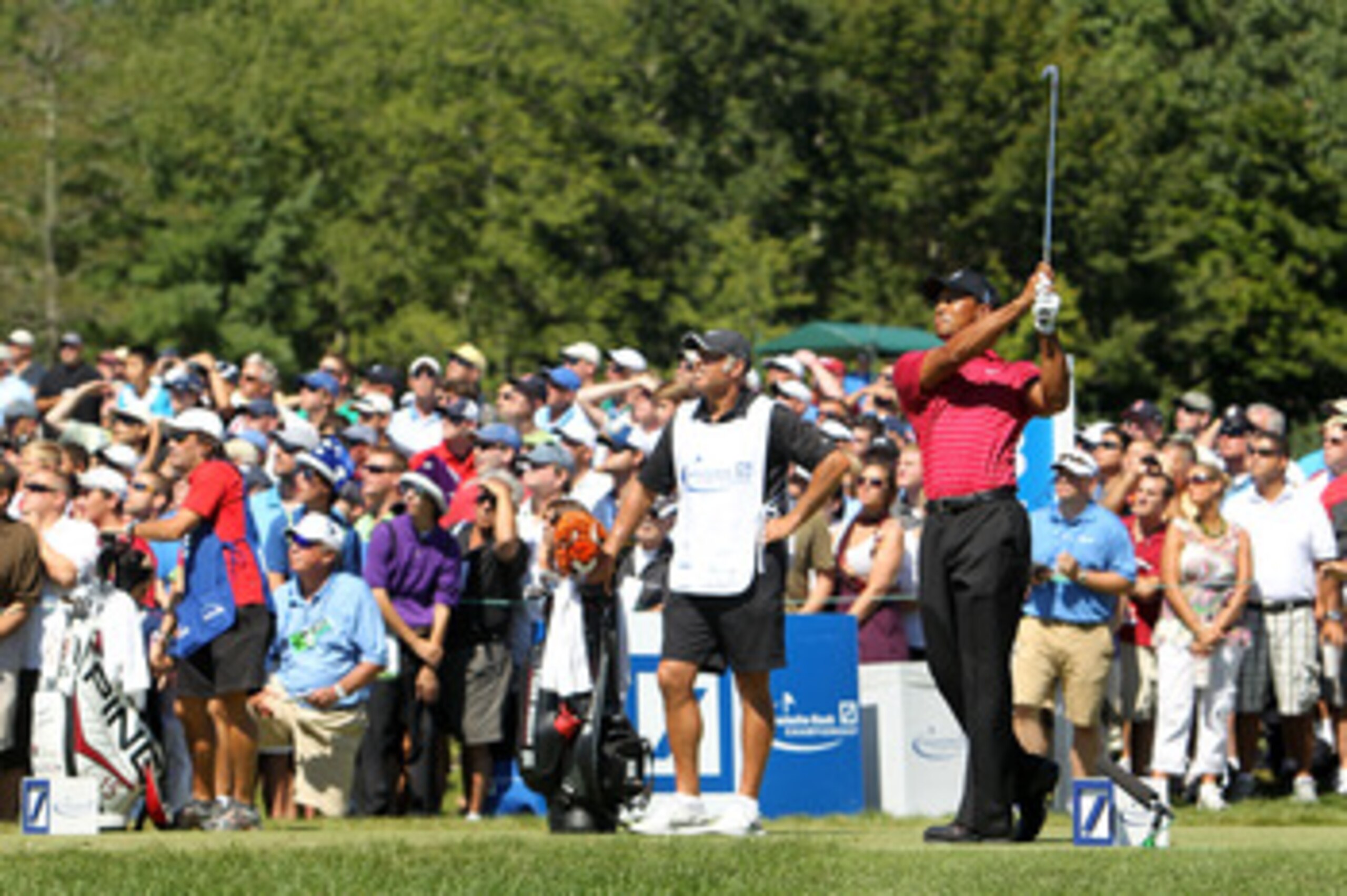 NORTON, MA - SEPTEMBER 06:  Tiger Woods tees off on the third hole during the final round of the Deutsche Bank Championship at TPC Boston on September 6, 2010 in Norton, Massachusetts.  (Photo by Mike Ehrmann/Getty Images)