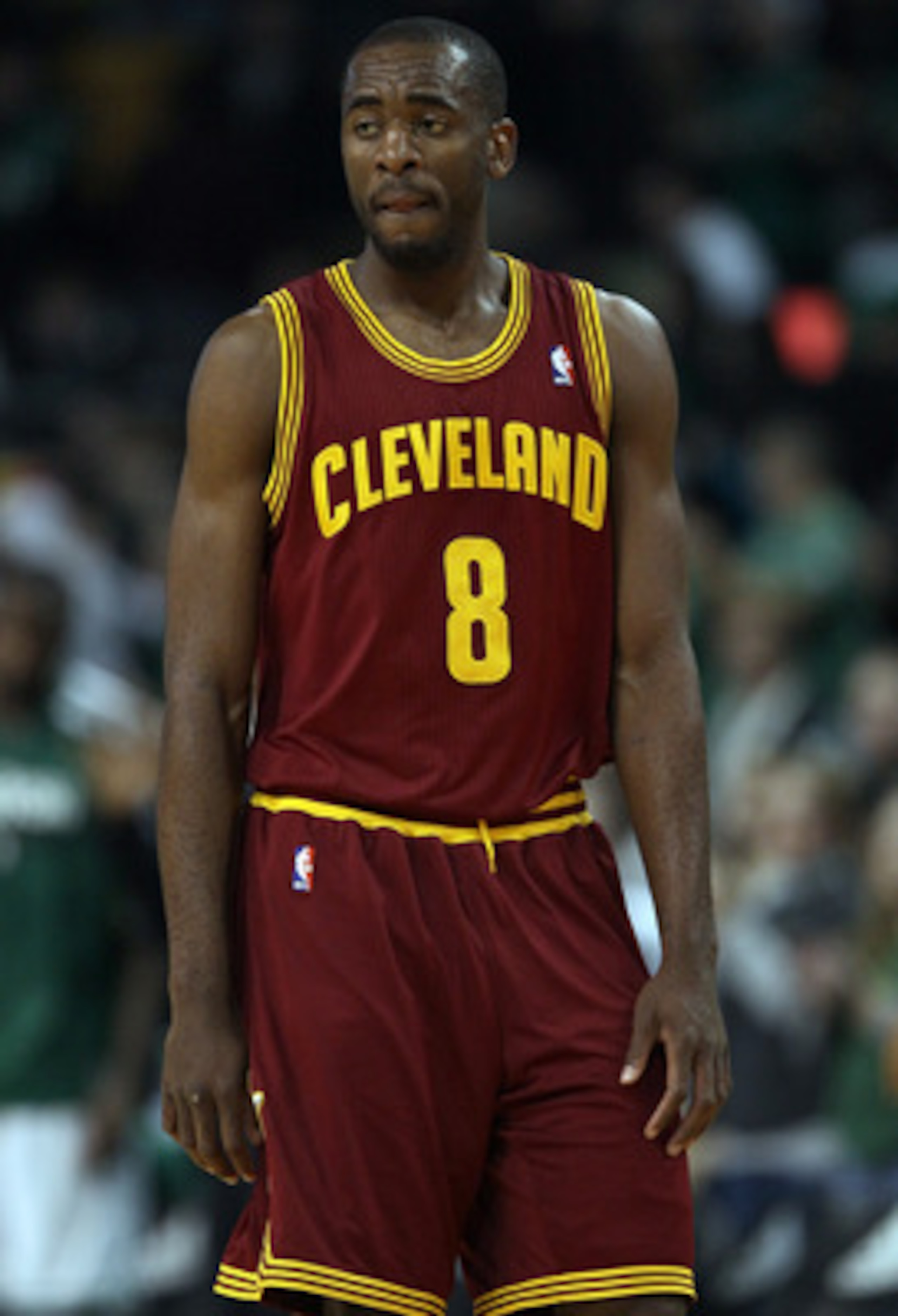 BOSTON, MA - JANUARY 25:  Christian Eyenga #8 of the of the Cleveland Cavaliers reacts after the loss to the Boston Celtics on January 25, 2011 at the TD Garden in Boston, Massachusetts. The Celtics defeated the Cavaliers 112-95.  NOTE TO USER: User expre