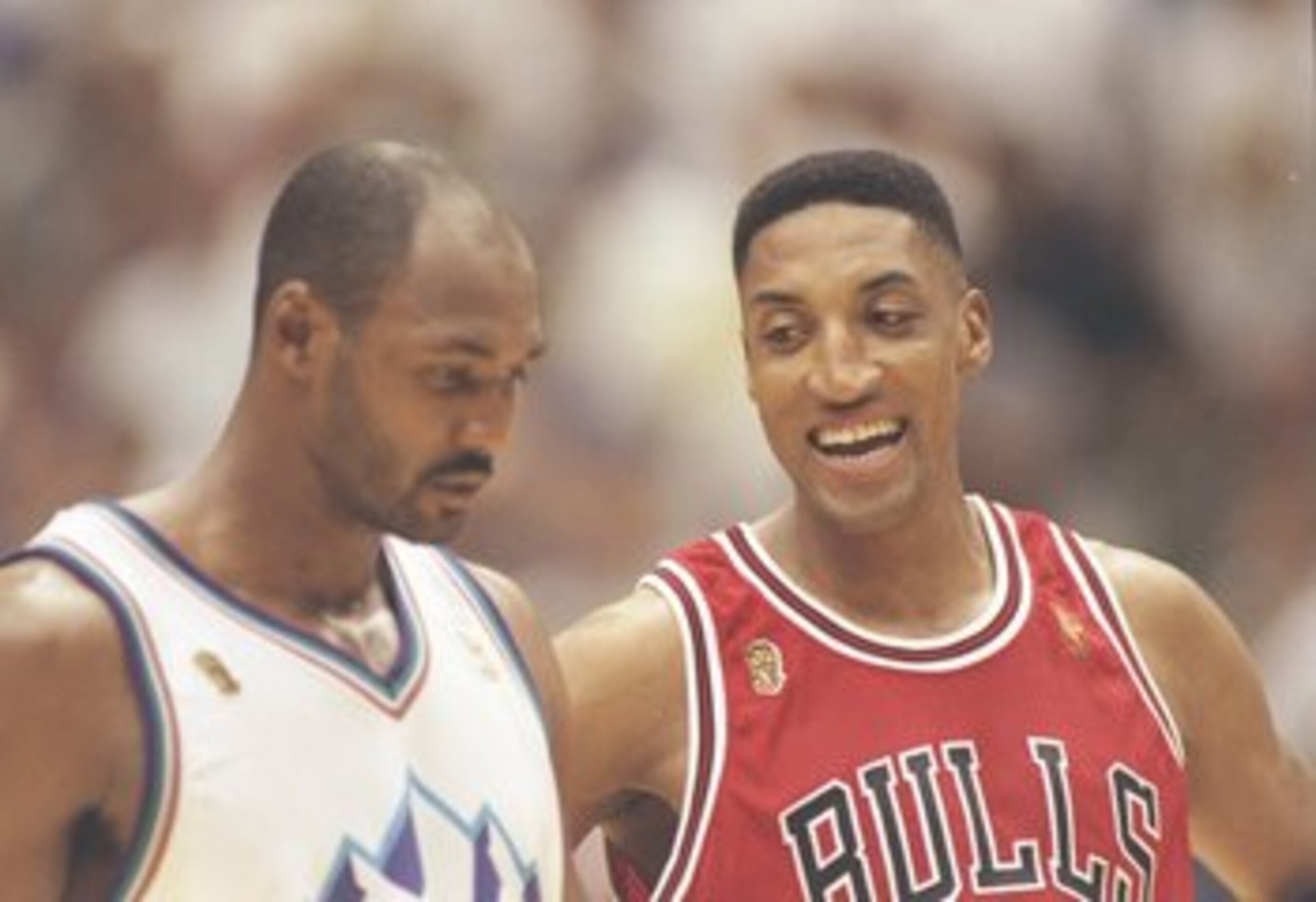 6 Jun 1997:  Forward Scottie Pippen of the Chicago Bulls chats with forward Karl Malone of the Utah Jazz during a playoff game at the Delta Center in Salt Lake City, Utah.  The Jazz won the game 104-93. Mandatory Credit: Jed Jacobsohn  /Allsport