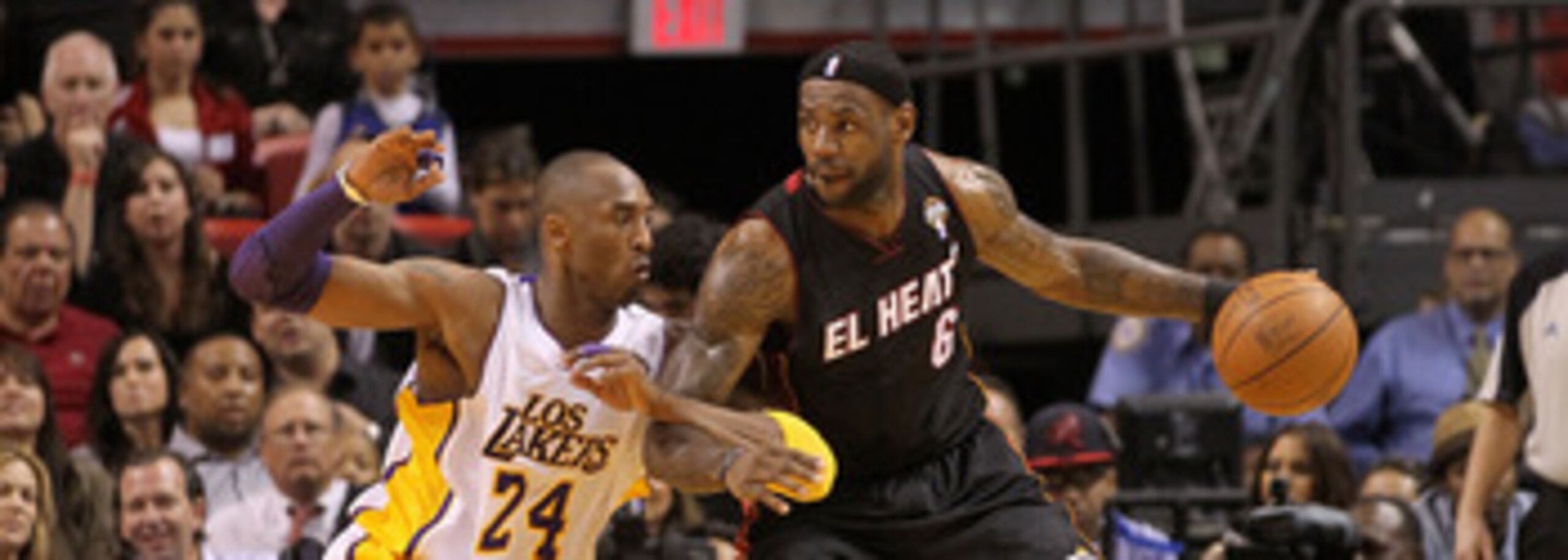 MIAMI, FL - MARCH 10:  LeBron James #6 of the Miami Heat posts up Kobe Bryant #24 of  the Los Angeles Lakers  during a game at American Airlines Arena on March 10, 2011 in Miami, Florida. NOTE TO USER: User expressly acknowledges and agrees that, by downl