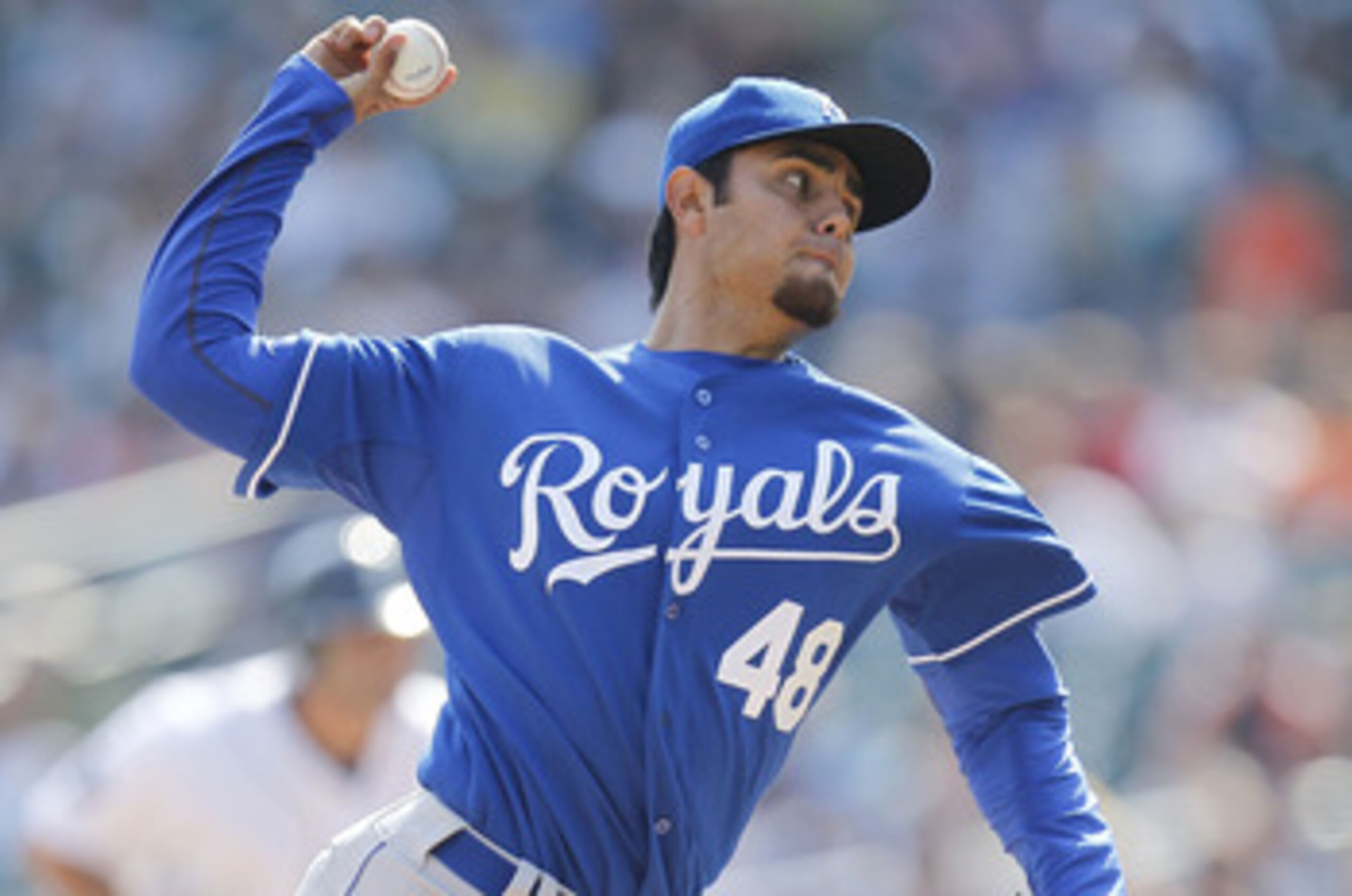 DETROIT, MI - APRIL 10:  Joakim Soria #48 of the Kansas City Royals throws a ninth inning pitch while playing the Detroit Tigers at Comerica Park on April 10, 2011 in Detroit, Michigan. Kansas City won the game 9-5. (Photo by Gregory Shamus/Getty Images)
