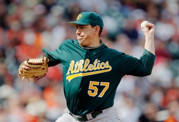 SAN FRANCISCO, CA - MAY 22:  Brian Fuentes #57 of the Oakland A's throws against the San Francisco Giants at AT&T Park on May 22, 2011 in San Francisco, California.  The Giants won 5-4.  (Photo by Brian Bahr/Getty Images)