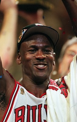 I3 Jun 1997:  Michael Jordan #23 of the Chicago Bulls celebrates the winning  game six of the NBA Final against the Utah Jazz at the United Center in Chicago, Illinois. The Bulls defeated the Jazz 90-86..   Mandatory Credit: Jonathan Daniel  /Allsport