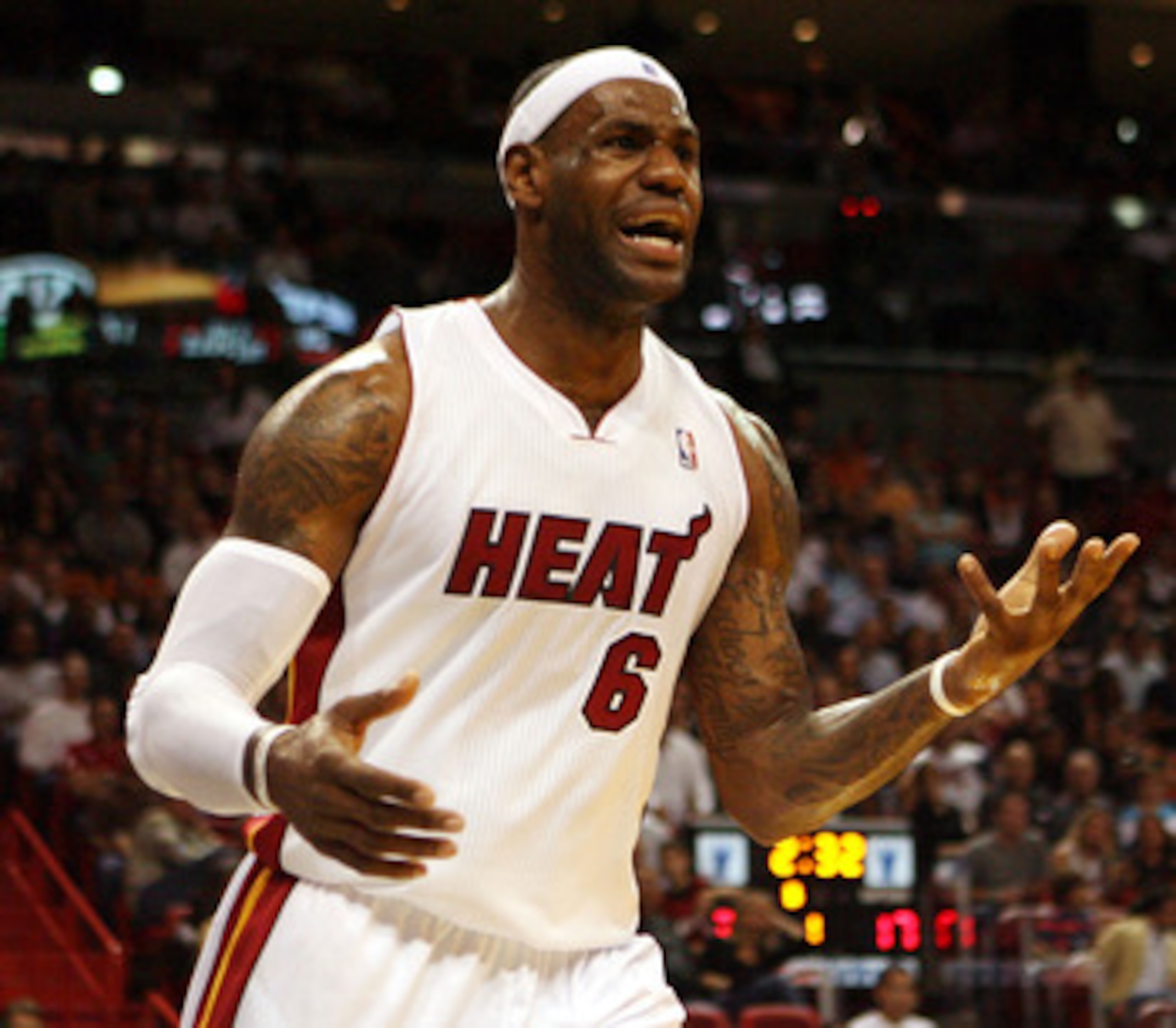 MIAMI - NOVEMBER 13:  Forward LeBron James #6 of the Miami Heat complains  against the Toronto Raptors at American Airlines Arena on November 13, 2010 in Miami, Florida. NOTE TO USER: User expressly acknowledges and agrees that, by downloading and or usin