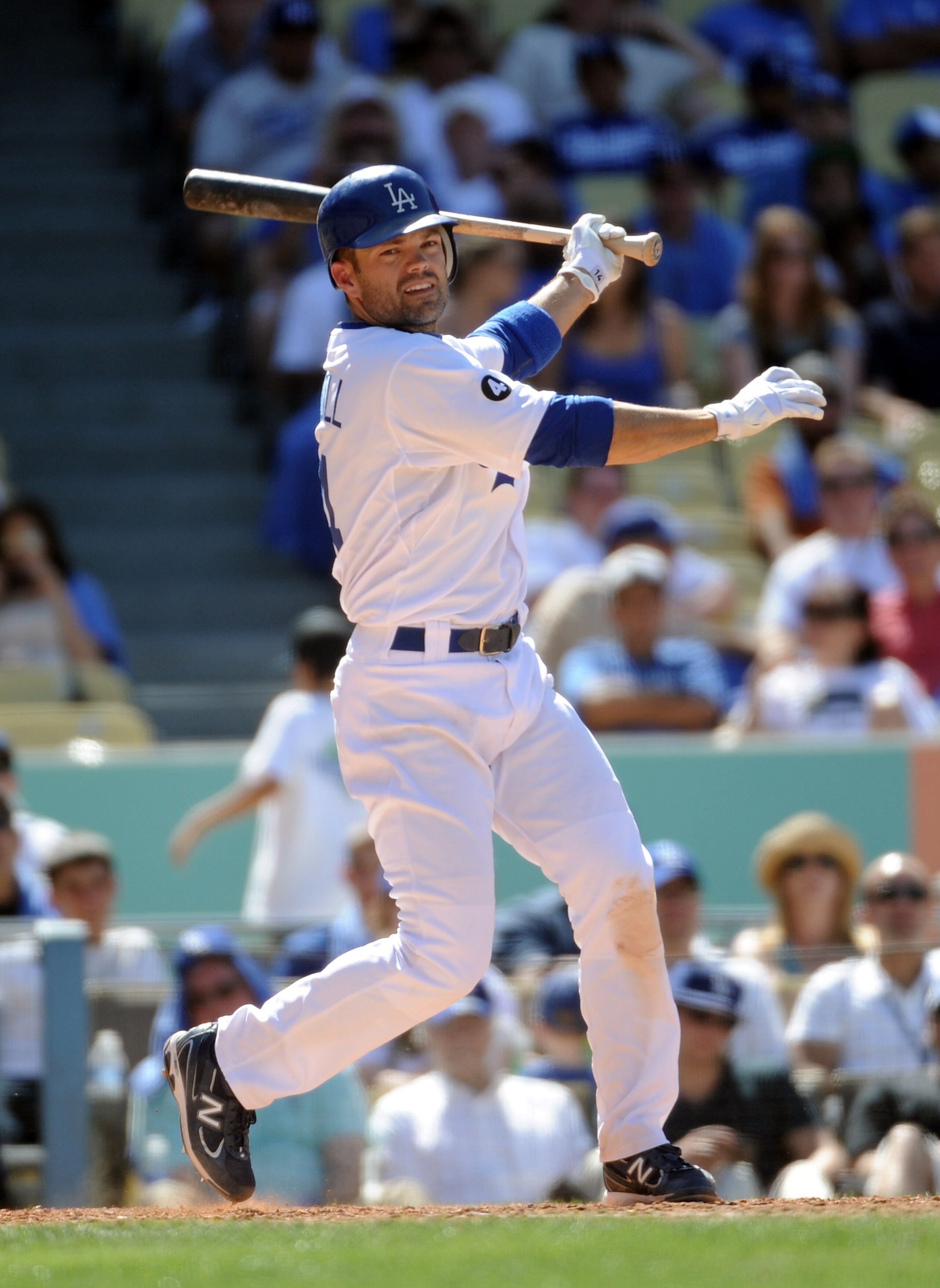 LOS ANGELES, CA - MAY 01:  Jamey Carroll #14 of the Los Angeles Dodgers at bat against the San Diego Padres at Dodger Stadium on May 1, 2011 in Los Angeles, California.  (Photo by Harry How/Getty Images)