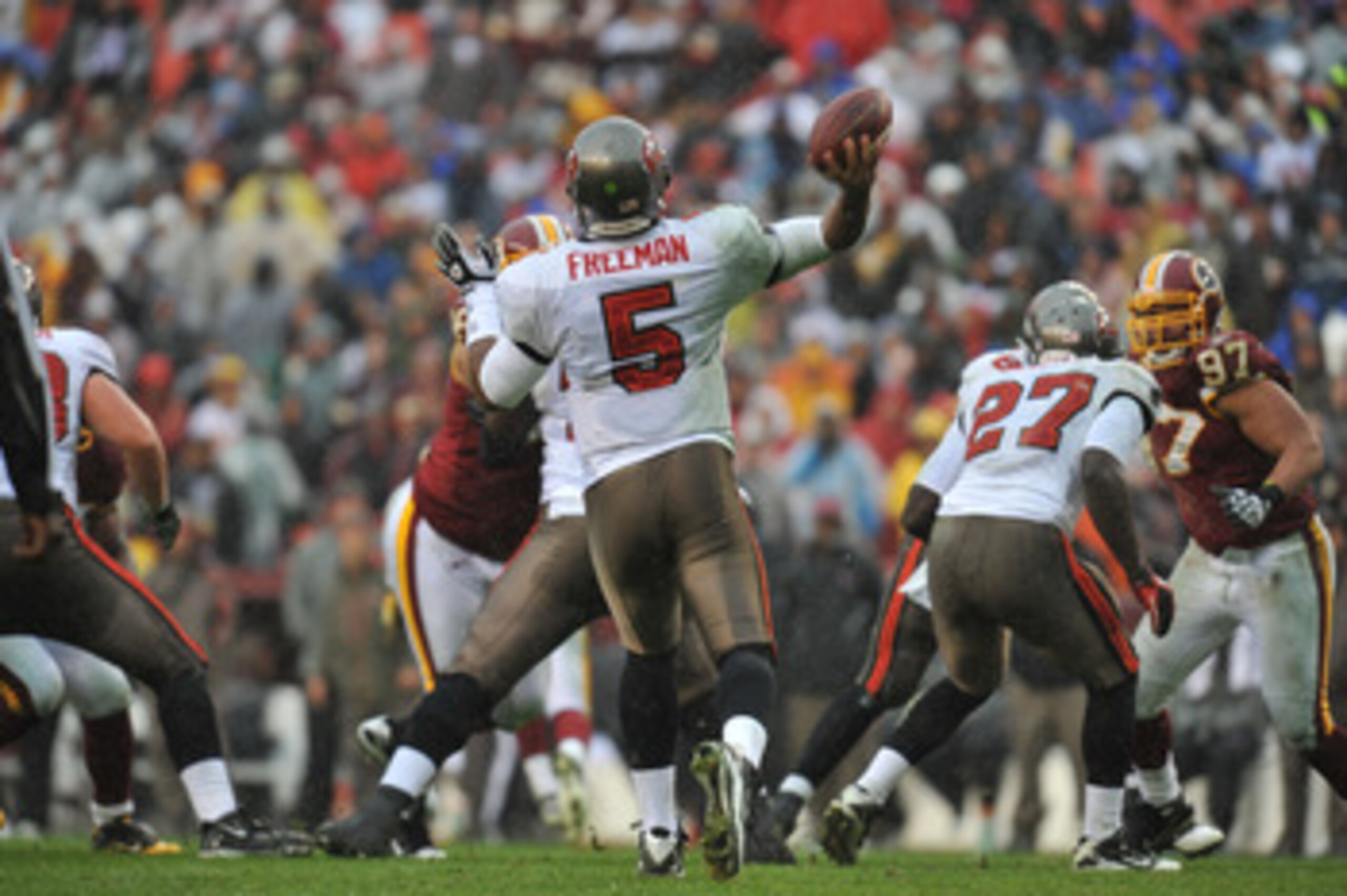 LANDOVER, MD - DECEMBER 12:  Josh Freeman #5 of the Tampa Bay Buccaneers passes during the game against the Washington Redskins  at FedExField on December 12, 2010 in Landover, Maryland. The Buccaneers defeated the Redskins 17-16. (Photo by Larry French/G