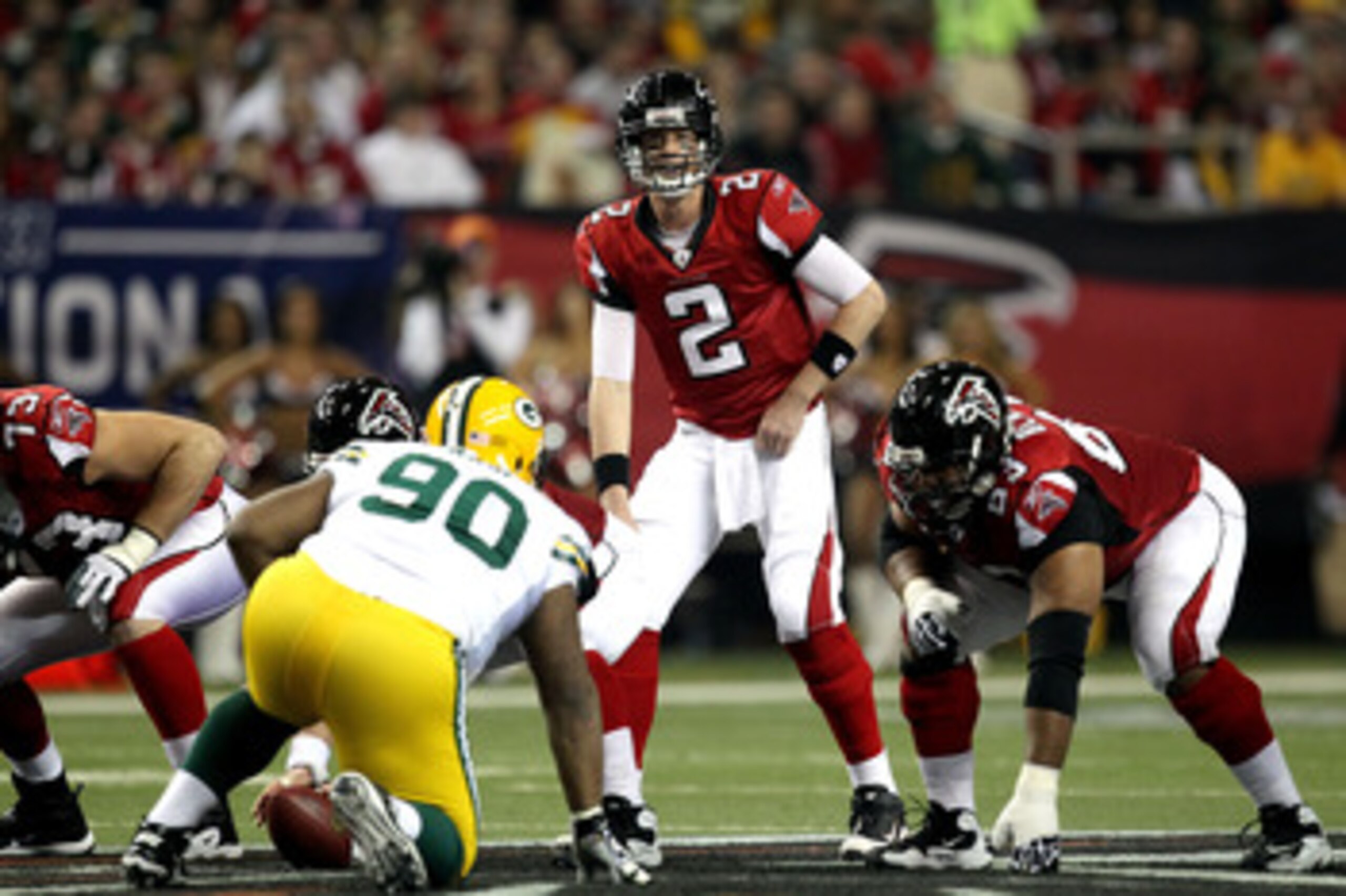 ATLANTA, GA - JANUARY 15:  Quarterback Matt Ryan #2 of the Atlanta Falcons calls signals out at the line of scrimmage against the Green Bay Packers during their 2011 NFC divisional playoff game at Georgia Dome on January 15, 2011 in Atlanta, Georgia.  (Ph