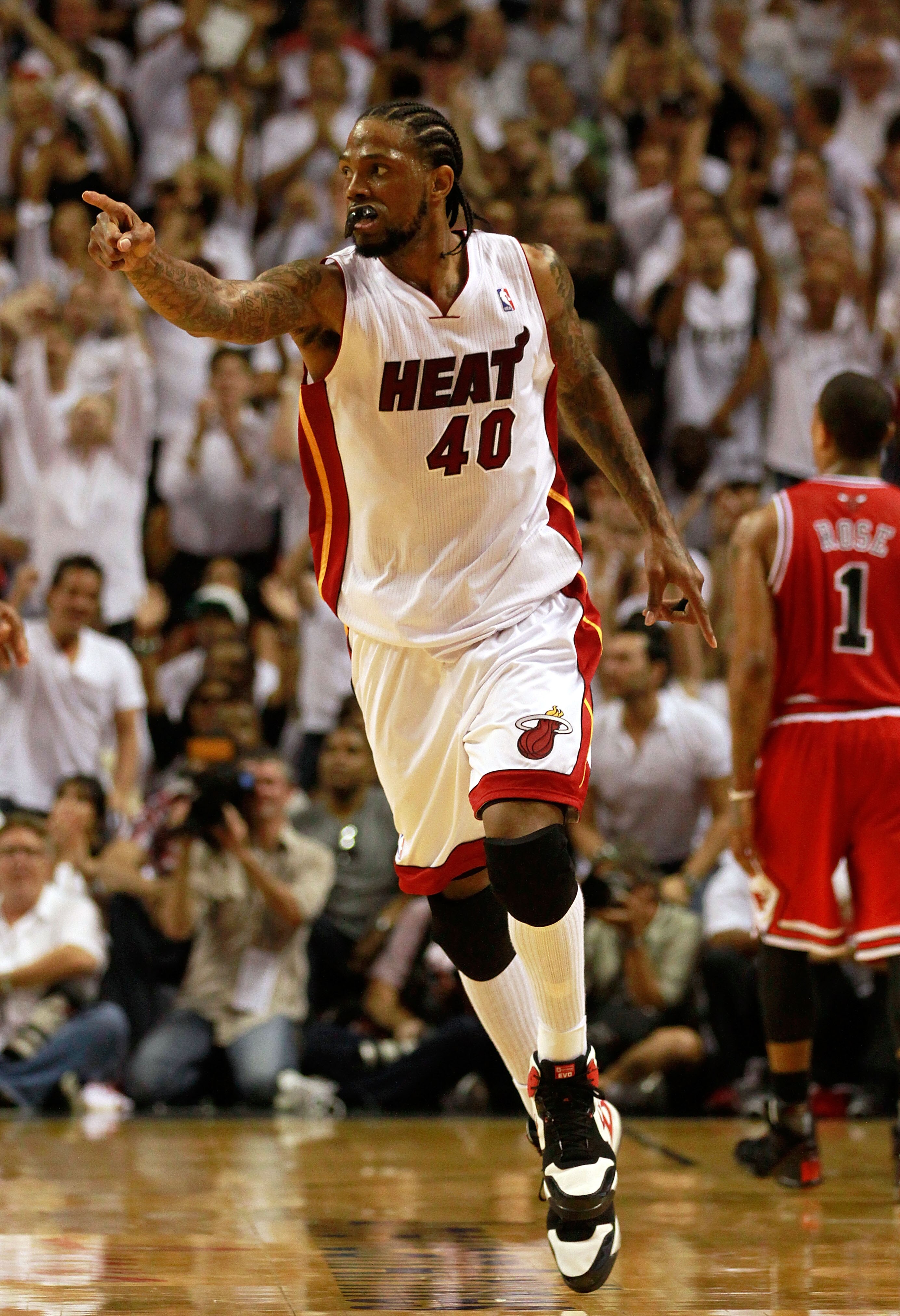 MIAMI, FL - MAY 24:  Udonis Haslem #40 of the Miami Heat reacts against the Chicago Bulls in Game Four of the Eastern Conference Finals during the 2011 NBA Playoffs on May 24, 2011 at American Airlines Arena in Miami, Florida. NOTE TO USER: User expressly