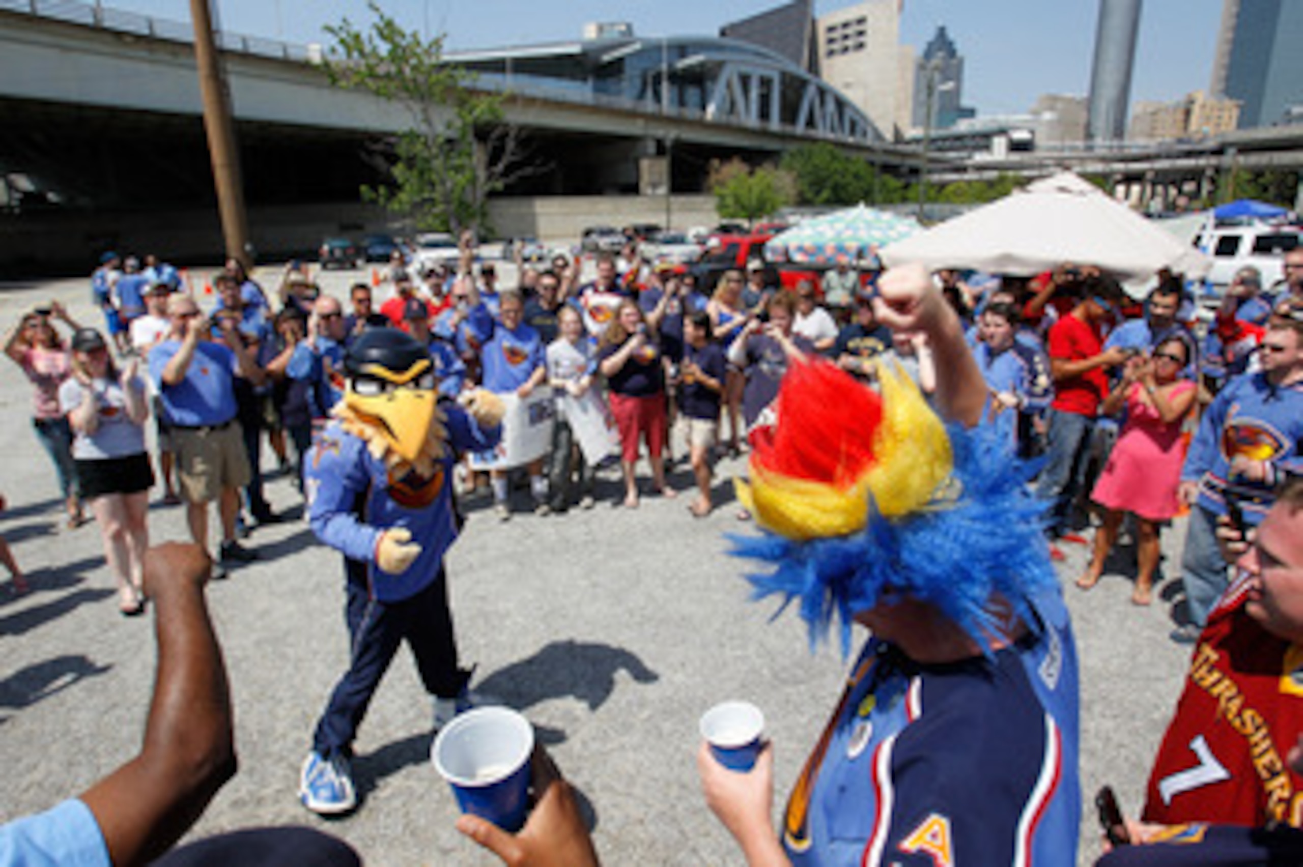 ATLANTA, GA - MAY 21: Thrash, mascot of the Atlanta Thrashers, joins fans in the rally to help keep the team in Atlanta at Philips Arena on May 21, 2011 in Atlanta, Georgia. It has been reported the Thrashers may relocate to Winnipeg, Canada. (Photo by ATLANTA, GA - MAY 21: Thrash, mascot of the Atlanta Thrashers, joins fans in the rally to help keep the team in Atlanta at Philips Arena on May 21, 2011 in Atlanta, Georgia. It has been reported the Thrashers may relocate to Winnipeg, Canada. (Photo by