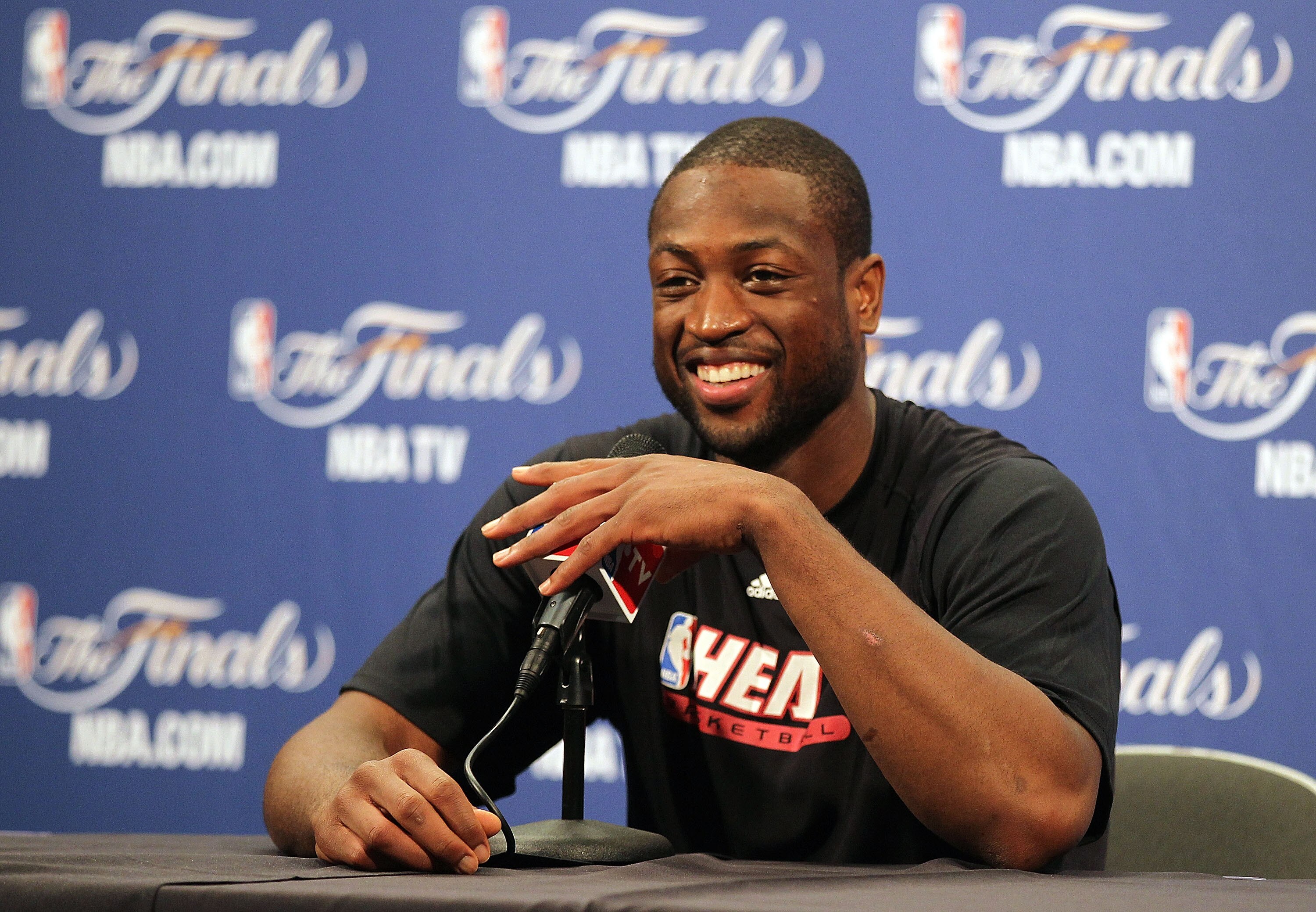 MIAMI, FL - MAY 30:  Dwyane Wade #3 of the Miami Heat talks to the press during practice before Game 1 of the 2011 NBA Finals against the Dallas Mavericks on May 30, 2011 at American Airlines Arena  in Miami, Florida. NOTE TO USER: User expressly acknowle