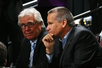 OTTAWA, ON - JUNE 21: (L-R) Glen Sather of the New York Rangers and player agent Pat Morris photographed during the 2008 NHL Entry Draft at Scotiabank Place on June 21, 2008 in Ottawa, Ontario, Canada. (Photo by Bruce Bennett/Getty Images)