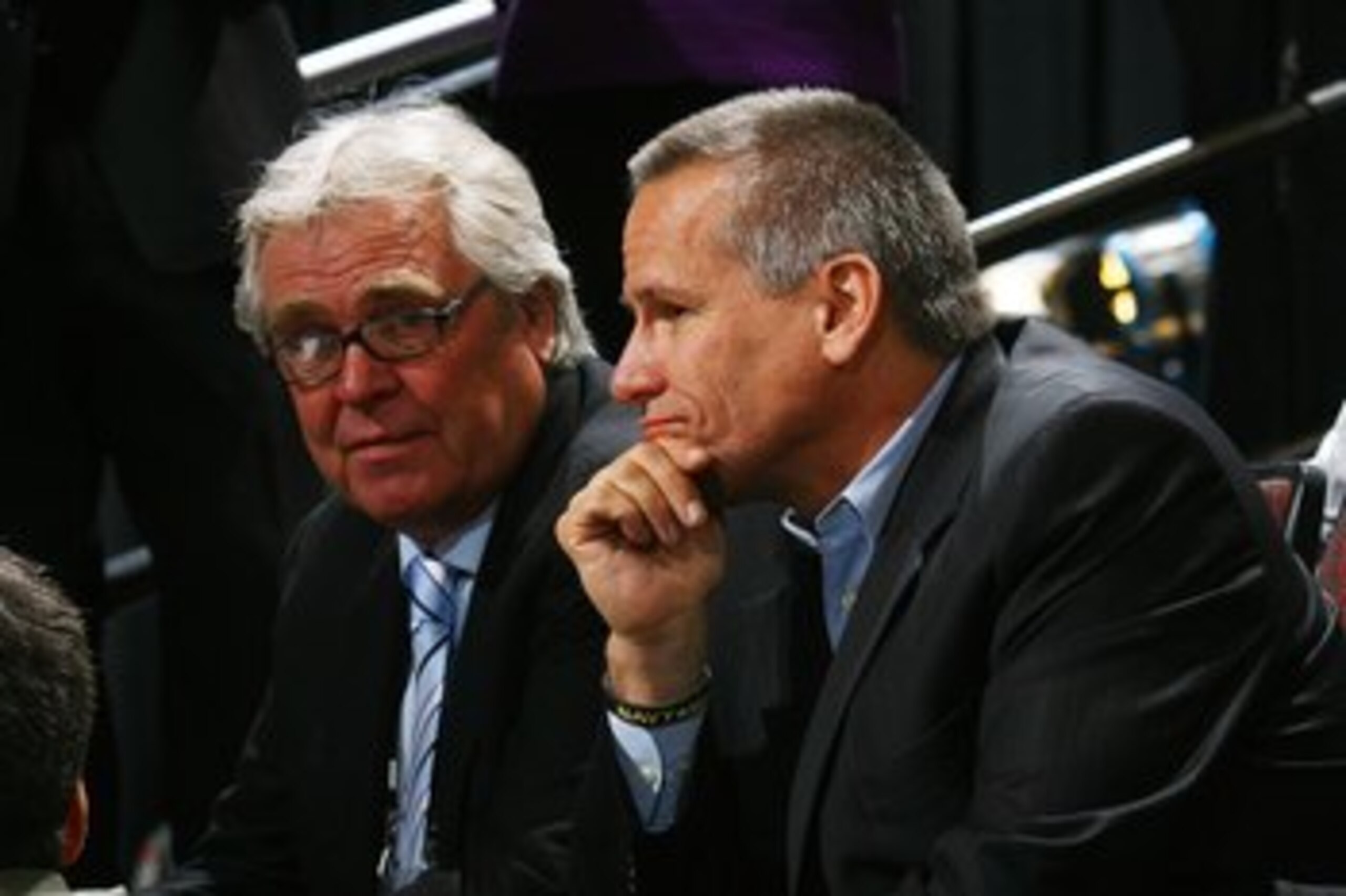 OTTAWA, ON - JUNE 21: (L-R) Glen Sather of the New York Rangers and player agent Pat Morris photographed during the 2008 NHL Entry Draft at Scotiabank Place on June 21, 2008 in Ottawa, Ontario, Canada. (Photo by Bruce Bennett/Getty Images)
