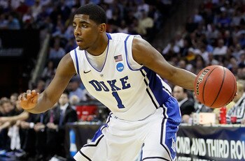 CHARLOTTE, NC - MARCH 20:  Kyrie Irving #1 of the Duke Blue Devils moves the ball while taking on the Michigan Wolverines during the third round of the 2011 NCAA men's basketball tournament at Time Warner Cable Arena on March 20, 2011 in Charlotte, North