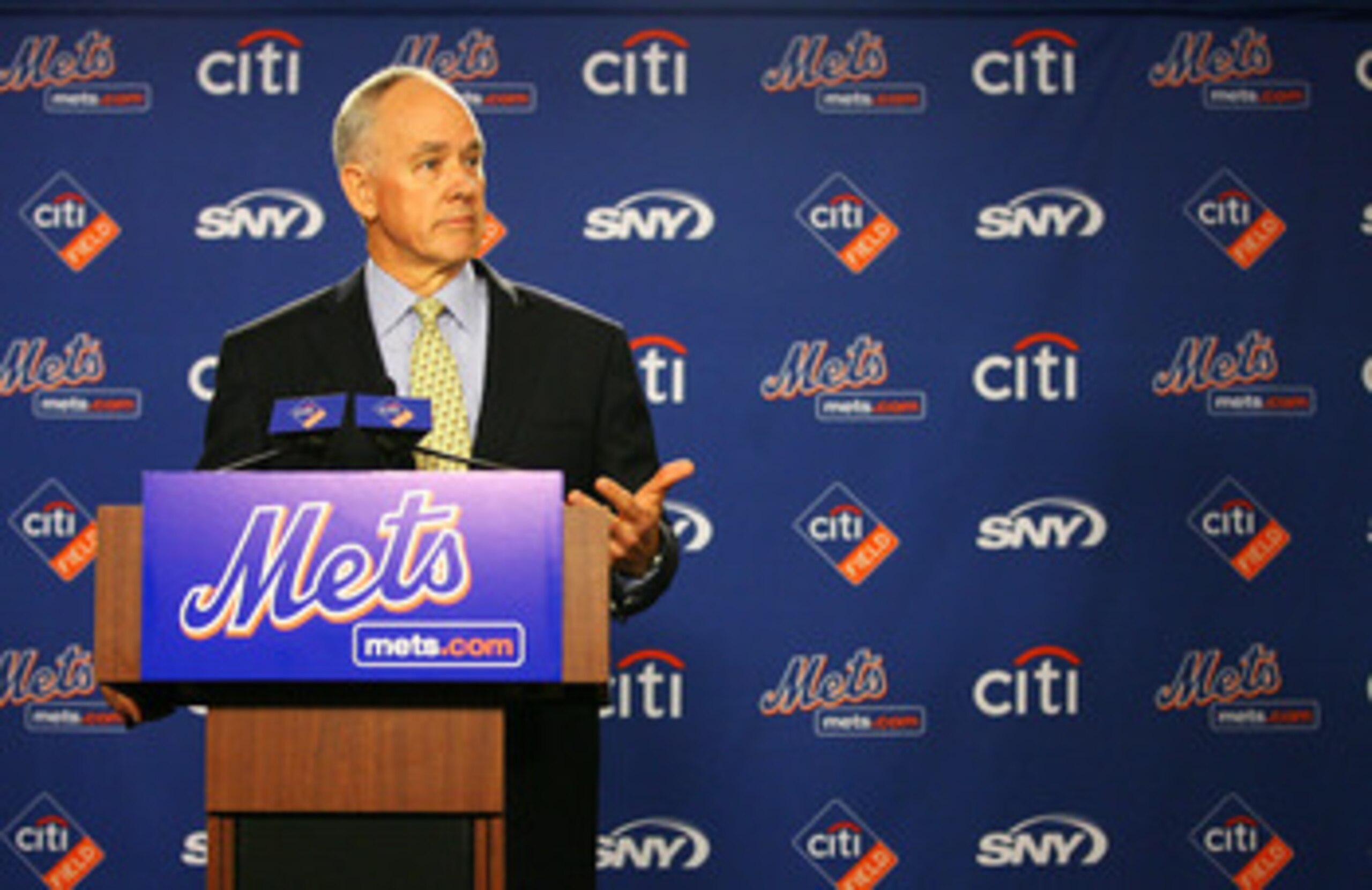 NEW YORK - OCTOBER 29: Sandy Alderson answers questions during a press conference after being introduced as the general manager for the New York Mets on October 29, 2010 at Citi Field in the Flushing neighborhood of the Queens borough of New York City. NEW YORK - OCTOBER 29: Sandy Alderson answers questions during a press conference after being introduced as the general manager for the New York Mets on October 29, 2010 at Citi Field in the Flushing neighborhood of the Queens borough of New York City.