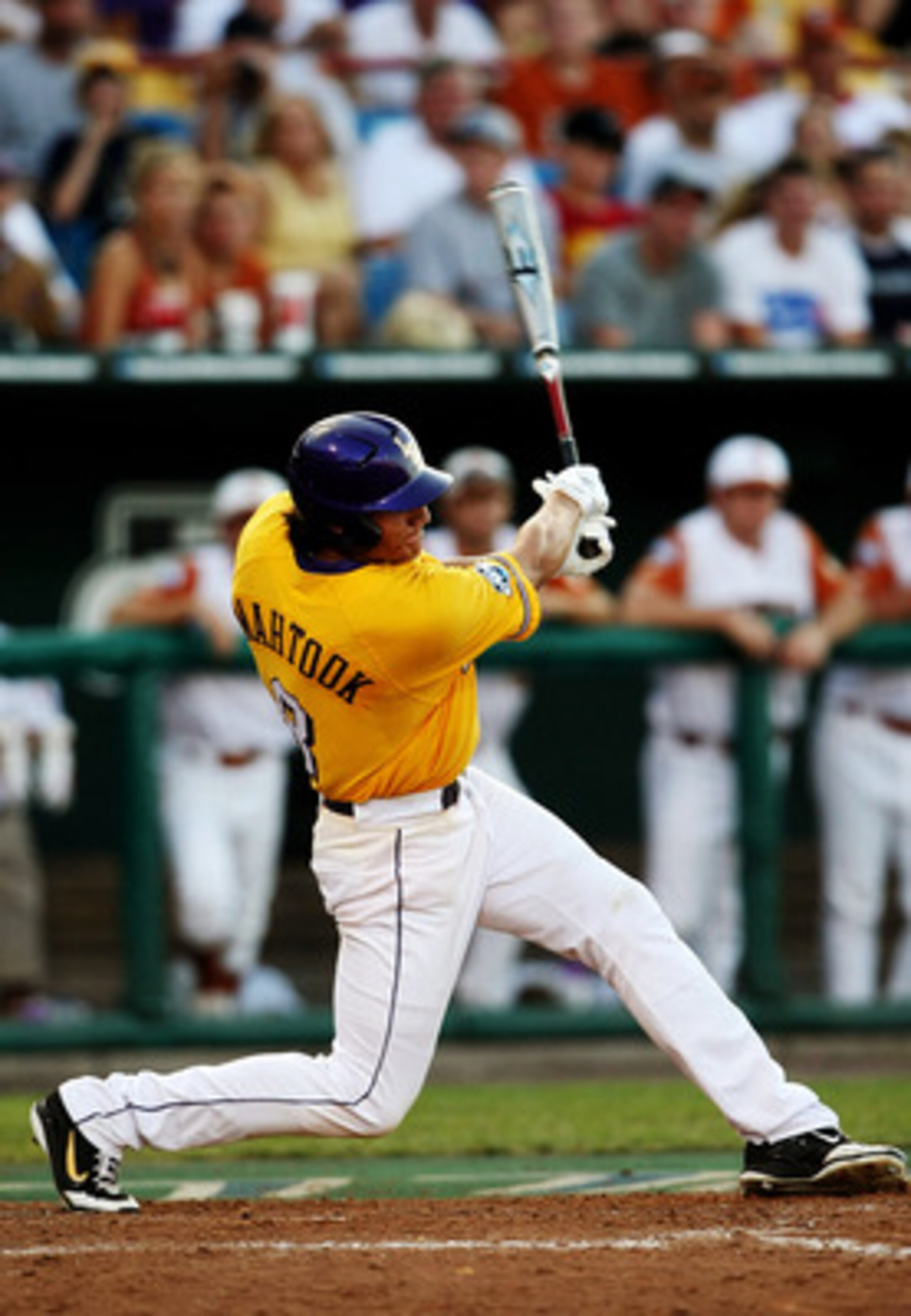 OMAHA, NE - JUNE 24: Mikie Mahtook #8 of the Louisiana State University Tigers hits an RBI single to score the go-ahead run in the sixth inning against the Texas Longhorns during Game 3 of the 2009 NCAA College World Series at Rosenblatt Stadium on June OMAHA, NE - JUNE 24: Mikie Mahtook #8 of the Louisiana State University Tigers hits an RBI single to score the go-ahead run in the sixth inning against the Texas Longhorns during Game 3 of the 2009 NCAA College World Series at Rosenblatt Stadium on June