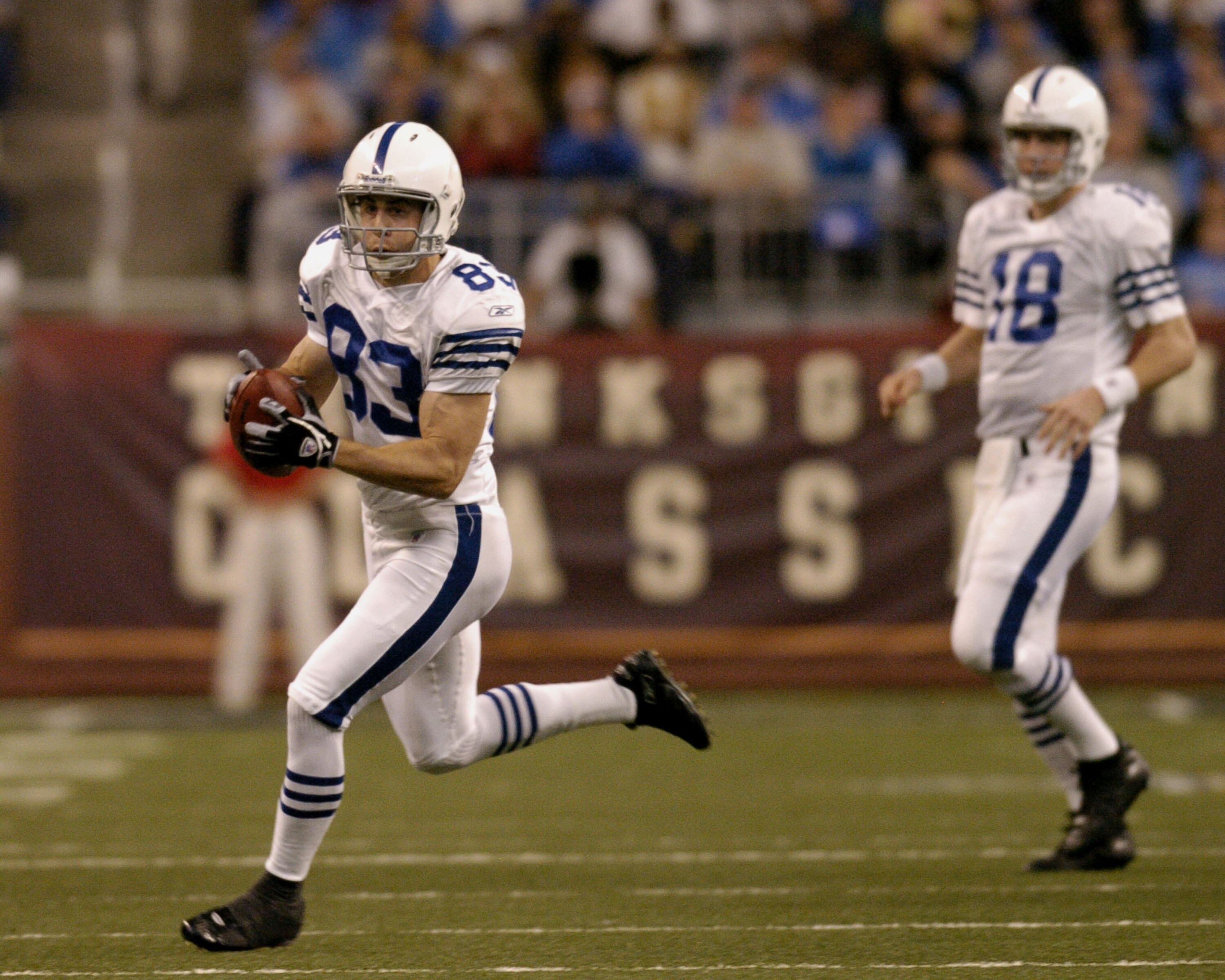 Indianapolis Colts  wide receiver Brandon Stokley rushes upfield with a pass  against the Detroit Lions in a Thanksgiving Day game, November 25, 2005 in Detroit.  Stokley caught three touchdown passes and the Colts defeated the Lions 41 to 9.  (Photo by A