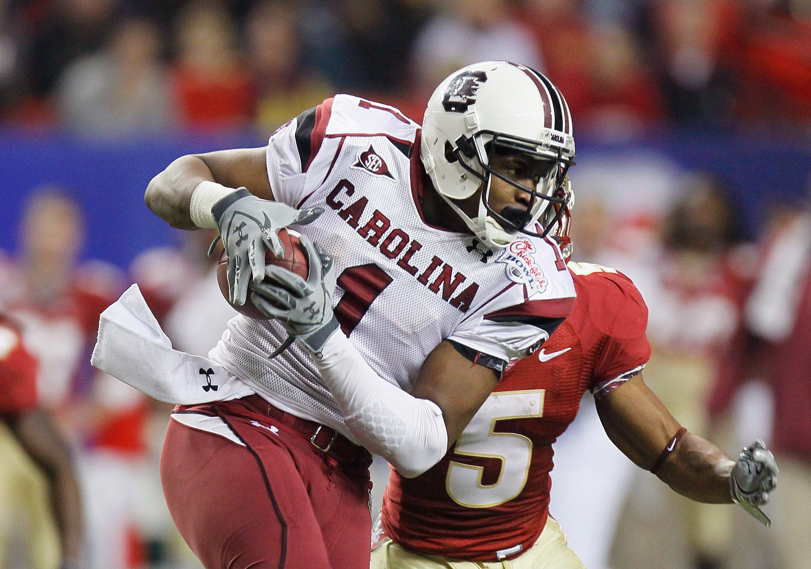ATLANTA, GA - DECEMBER 31:  Alshon Jeffery #1 of the South Carolina Gamecocks against the Florida State Seminoles during the 2010 Chick-fil-A Bowl at Georgia Dome on December 31, 2010 in Atlanta, Georgia.  (Photo by Kevin C. Cox/Getty Images)
