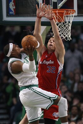 BOSTON, MA - MARCH 09:  Blake Griffin #32 of the Los Angeles Clippers blocks a shot attempt by Paul Pierce #34 of the Boston Celtics on March 9, 2011 at the TD Garden in Boston, Massachusetts. The Los Angeles Clippers defeated the Boston Celtics 108-103. 