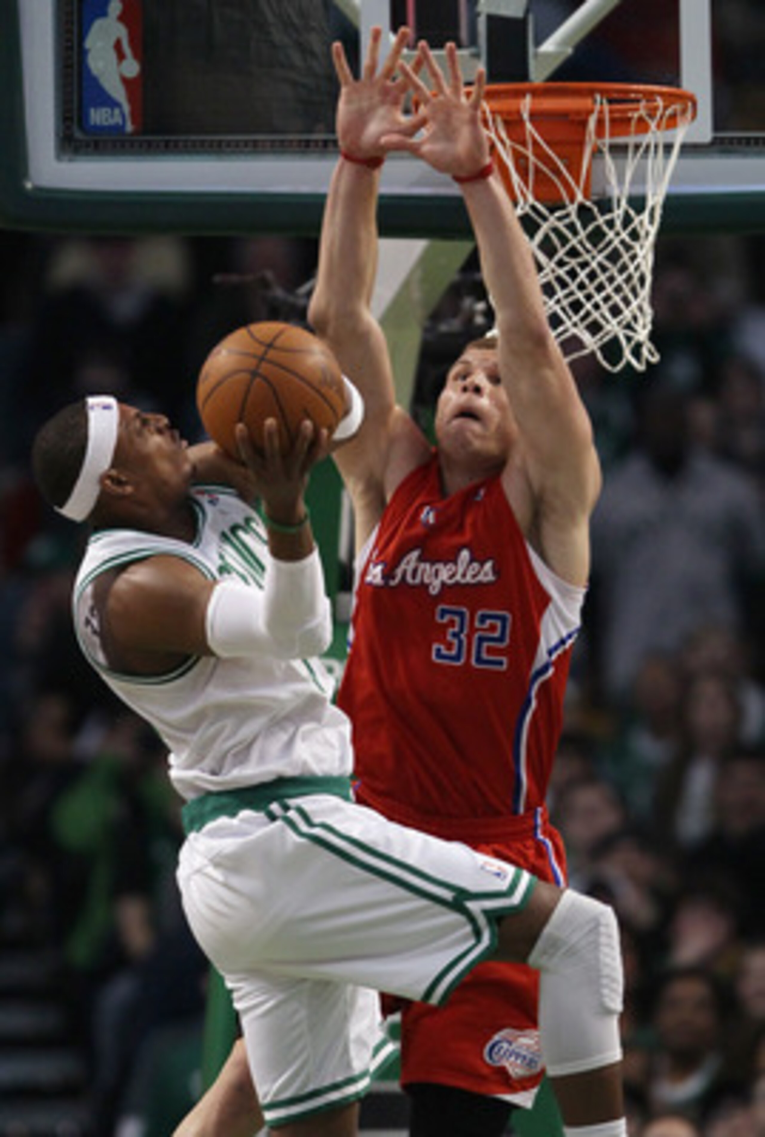 BOSTON, MA - MARCH 09:  Blake Griffin #32 of the Los Angeles Clippers blocks a shot attempt by Paul Pierce #34 of the Boston Celtics on March 9, 2011 at the TD Garden in Boston, Massachusetts. The Los Angeles Clippers defeated the Boston Celtics 108-103. 