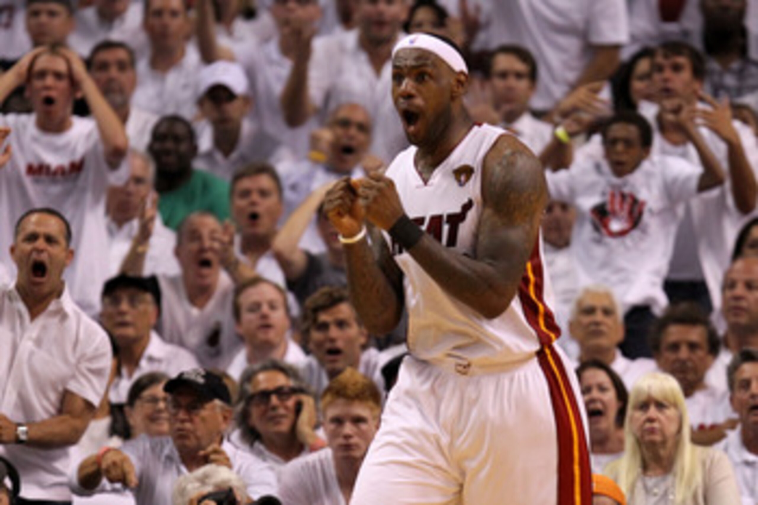 MIAMI, FL - MAY 31:  LeBron James #6 of the Miami Heat reacts in the second half while taking on the Dallas Mavericks in Game One of the 2011 NBA Finals at American Airlines Arena on May 31, 2011 in Miami, Florida. NOTE TO USER: User expressly acknowledge