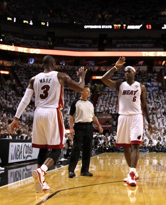 MIAMI, FL - MAY 31: (L-R) Dwyane Wade #3 and LeBron James #6 of the Miami Heat celebrate a play against the Dallas Mavericks in Game One of the 2011 NBA Finals at American Airlines Arena on May 31, 2011 in Miami, Florida. NOTE TO USER: User expressly ackn