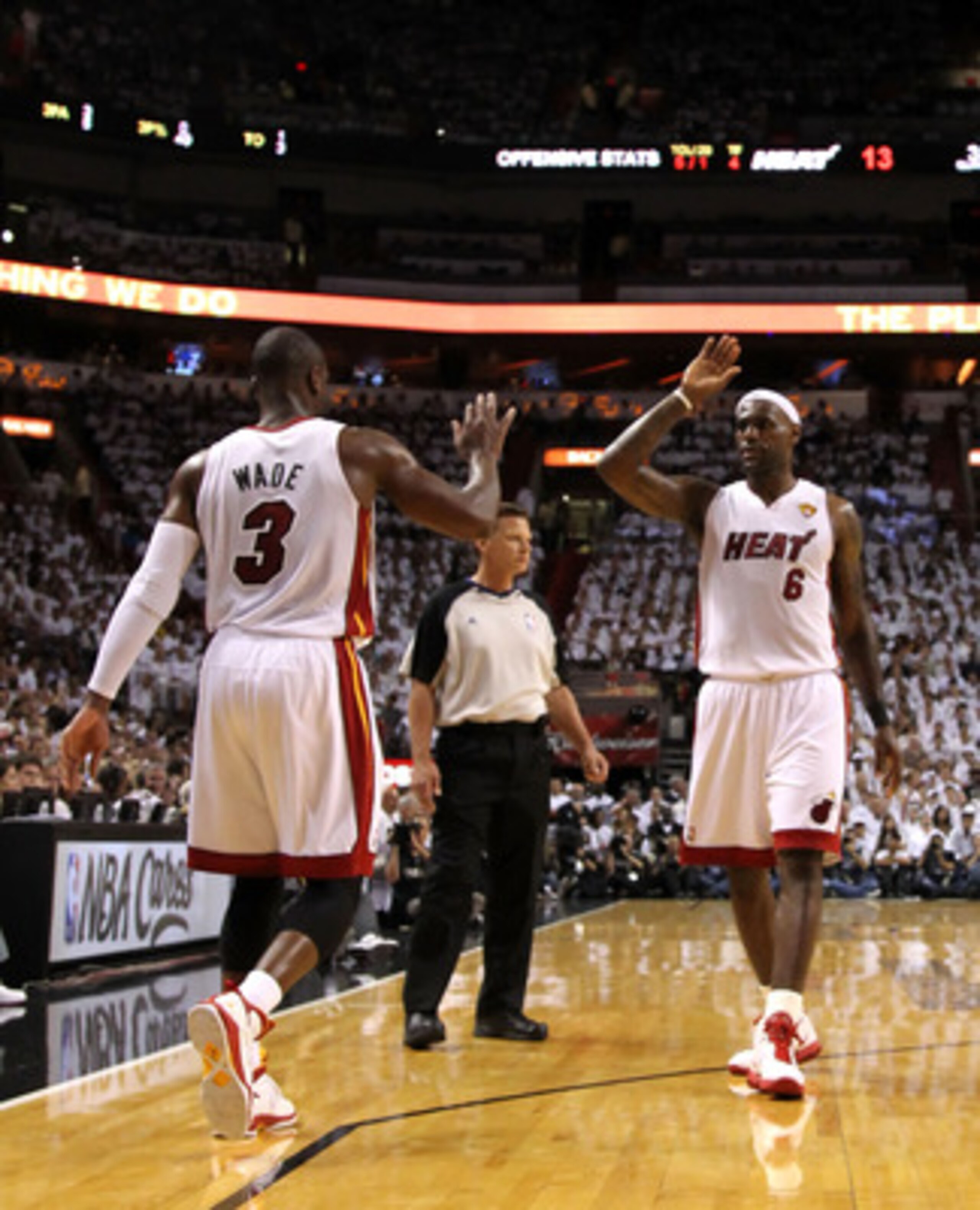 MIAMI, FL - MAY 31: (L-R) Dwyane Wade #3 and LeBron James #6 of the Miami Heat celebrate a play against the Dallas Mavericks in Game One of the 2011 NBA Finals at American Airlines Arena on May 31, 2011 in Miami, Florida. NOTE TO USER: User expressly ackn