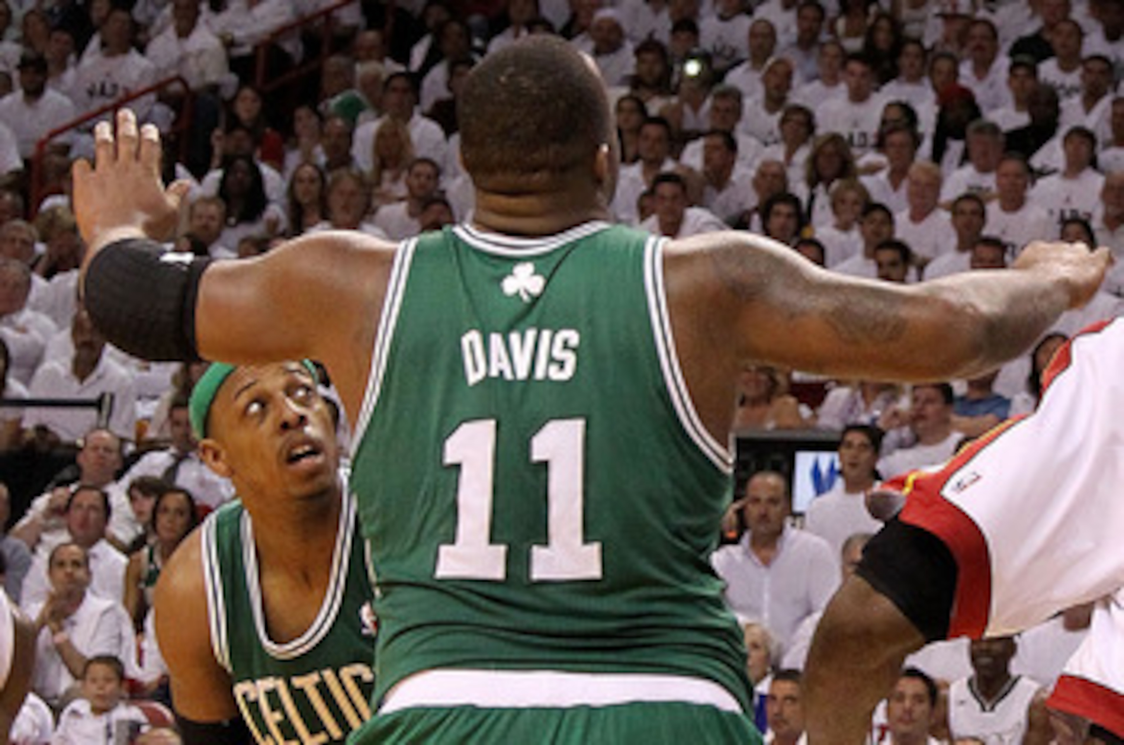 MIAMI, FL - MAY 03:  LeBron James #6 of the Miami Heat shoots over Glen Davis #11 of  the Boston Celtics during Game Two of the Eastern Conference Semifinals of the 2011 NBA Playoffs at American Airlines Arena on May 3, 2011 in Miami, Florida. NOTE TO USE