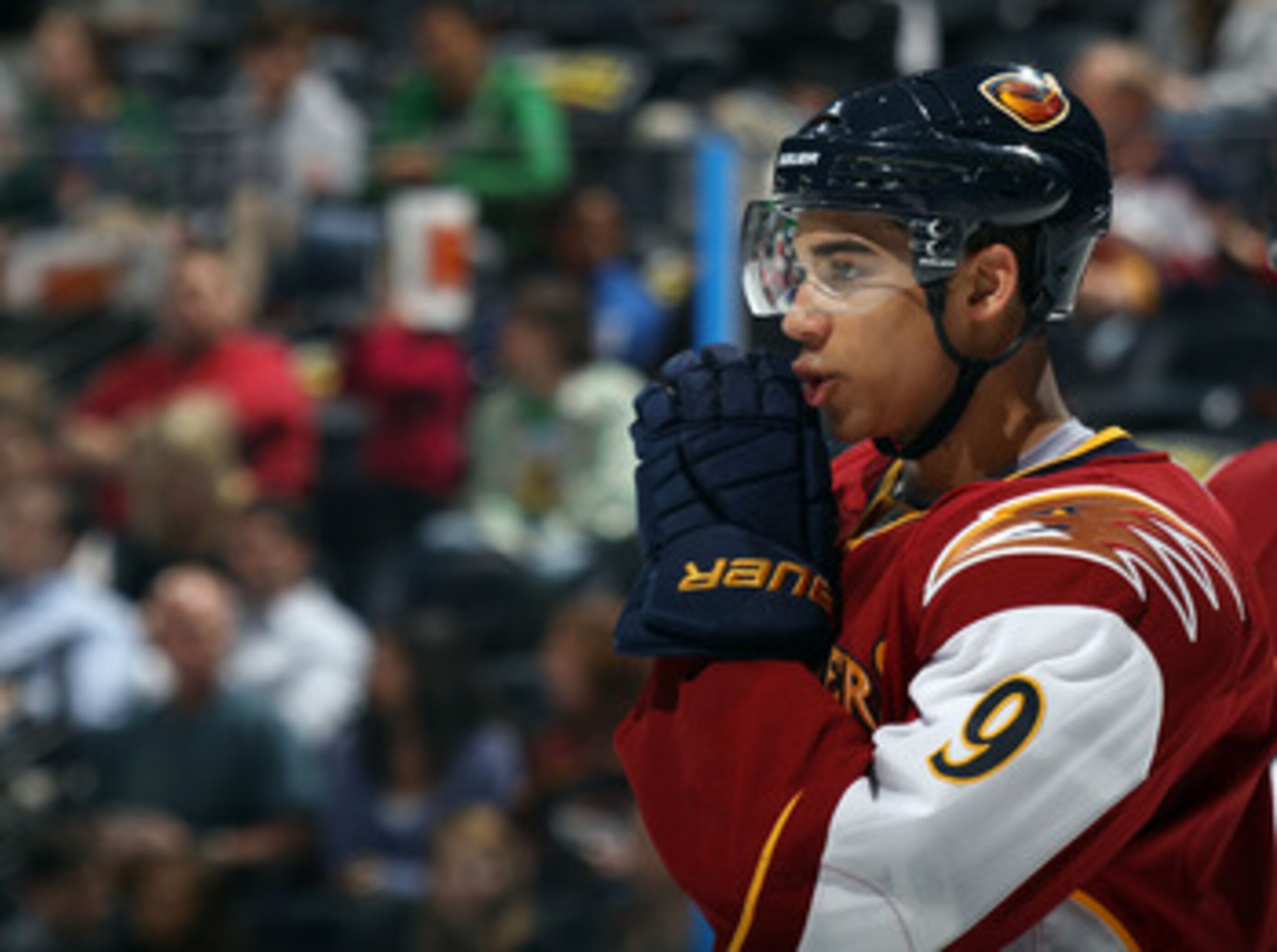 ATLANTA, GA - MARCH 25:  Evander Kane #9 of the Atlanta Thrashers skates against the Vancouver Canucks at the Philips Arena on March 25, 2011 in Atlanta, Georgia.  (Photo by Bruce Bennett/Getty Images)