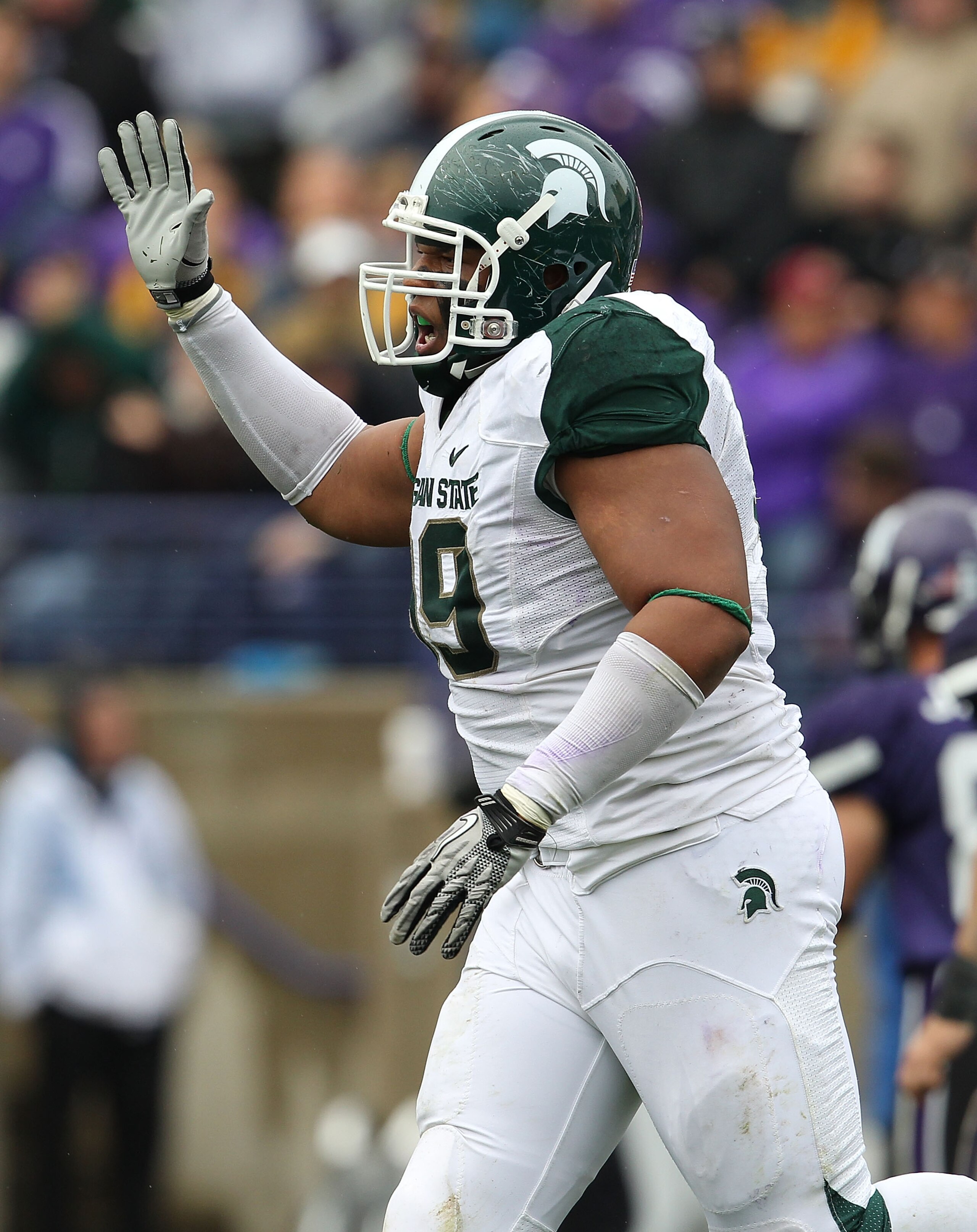 EVANSTON, IL - OCTOBER 23: Jerel Worthy #99 of the Michigan State Spartans celebrates a defensive play against the Northwestern Wildcats at Ryan Field on October 23, 2010 in Evanston, Illinois. Michigan State defeated Northwestern 35-27. (Photo by Jonatha