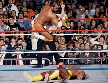 Randy Savage landing his trademark elbow on Hulk Hogan