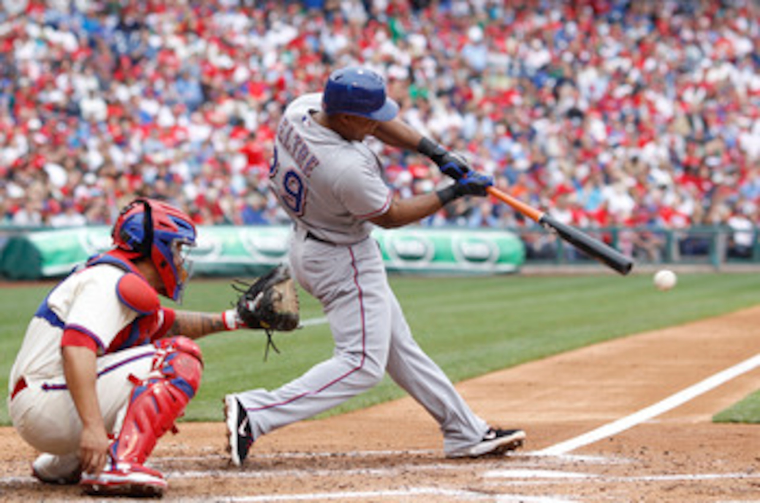 PHILADELPHIA, PA - MAY 22: Adrian Beltre #29 of the Texas Rangers bats against the Philadelphia Phillies at Citizens Bank Park on May 22, 2011 in Philadelphia, Pennsylvania. The Rangers won 2-0. (Photo by Joe Robbins/Getty Images)