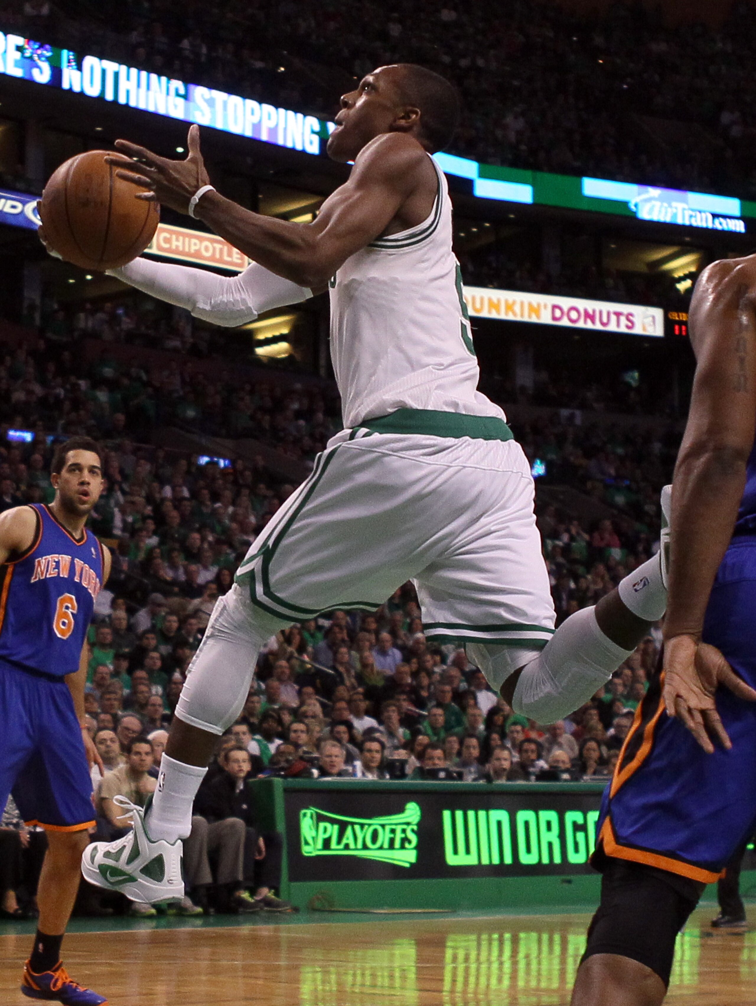 BOSTON, MA - APRIL 17:  Rajon Rondo #9 of the Boston Celtics takes a shot in the first quarter against the New York Knicks in Game One of the Eastern Conference Quarterfinals in the 2011 NBA Playoffs on April 17, 2011 at the TD Garden in Boston, Massachus