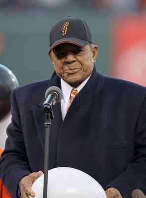 SAN FRANCISCO, CA - MAY 06:  Willie Mays speaks at a ceremony for his 80th birthday before the San Francisco Giants against the Colorado Rockies at AT&T Park on May 6, 2011 in San Francisco, California.  (Photo by Ezra Shaw/Getty Images)
