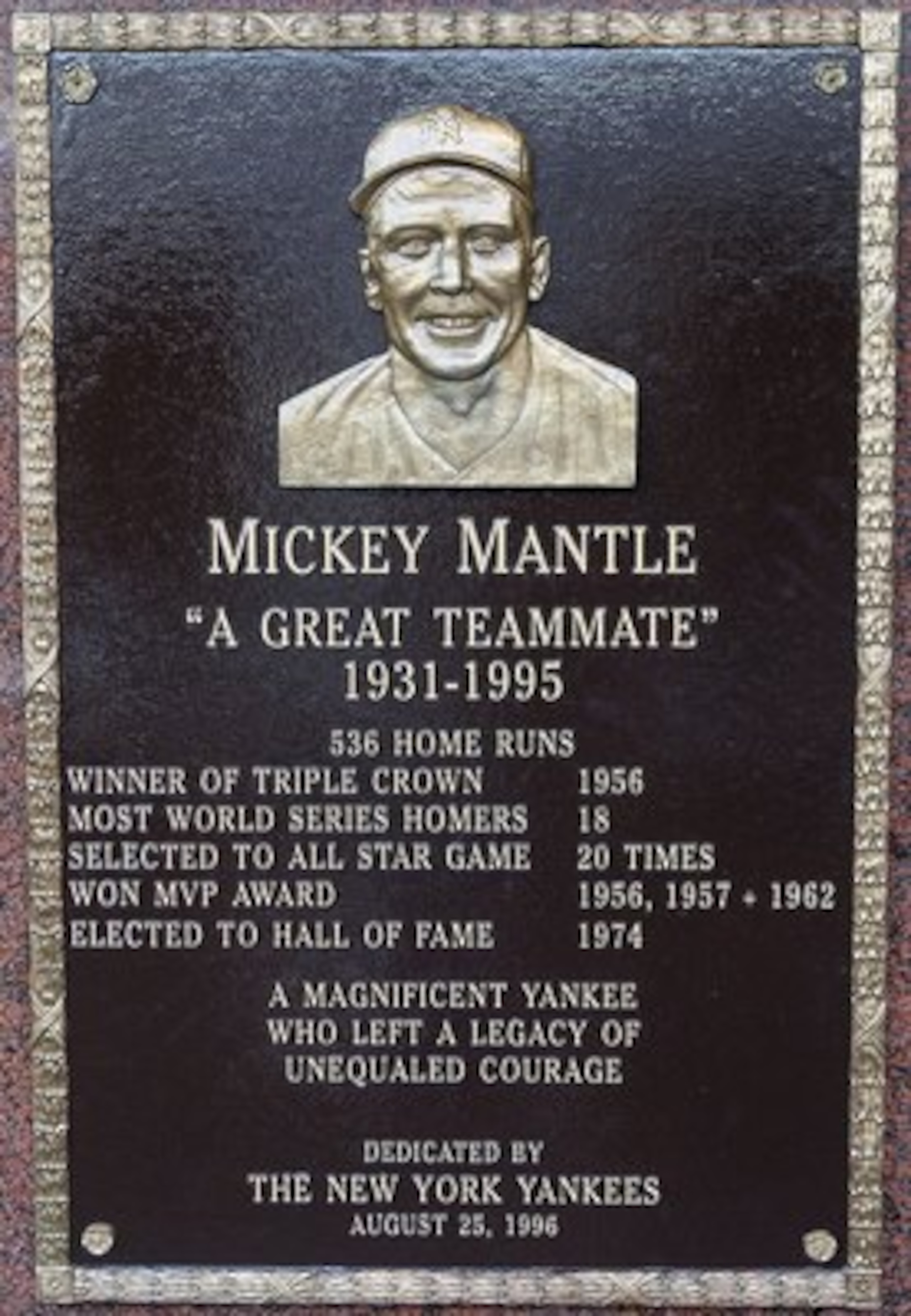 NEW YORK - MAY 02:  The plaque of Mickey Mantle is seen in Monument Park at Yankee Stadium prior to the game between the New York Yankees and the Chicago White Sox on May 2, 2010 in the Bronx borough of New York City. The Yankees defeated the White Sox 12
