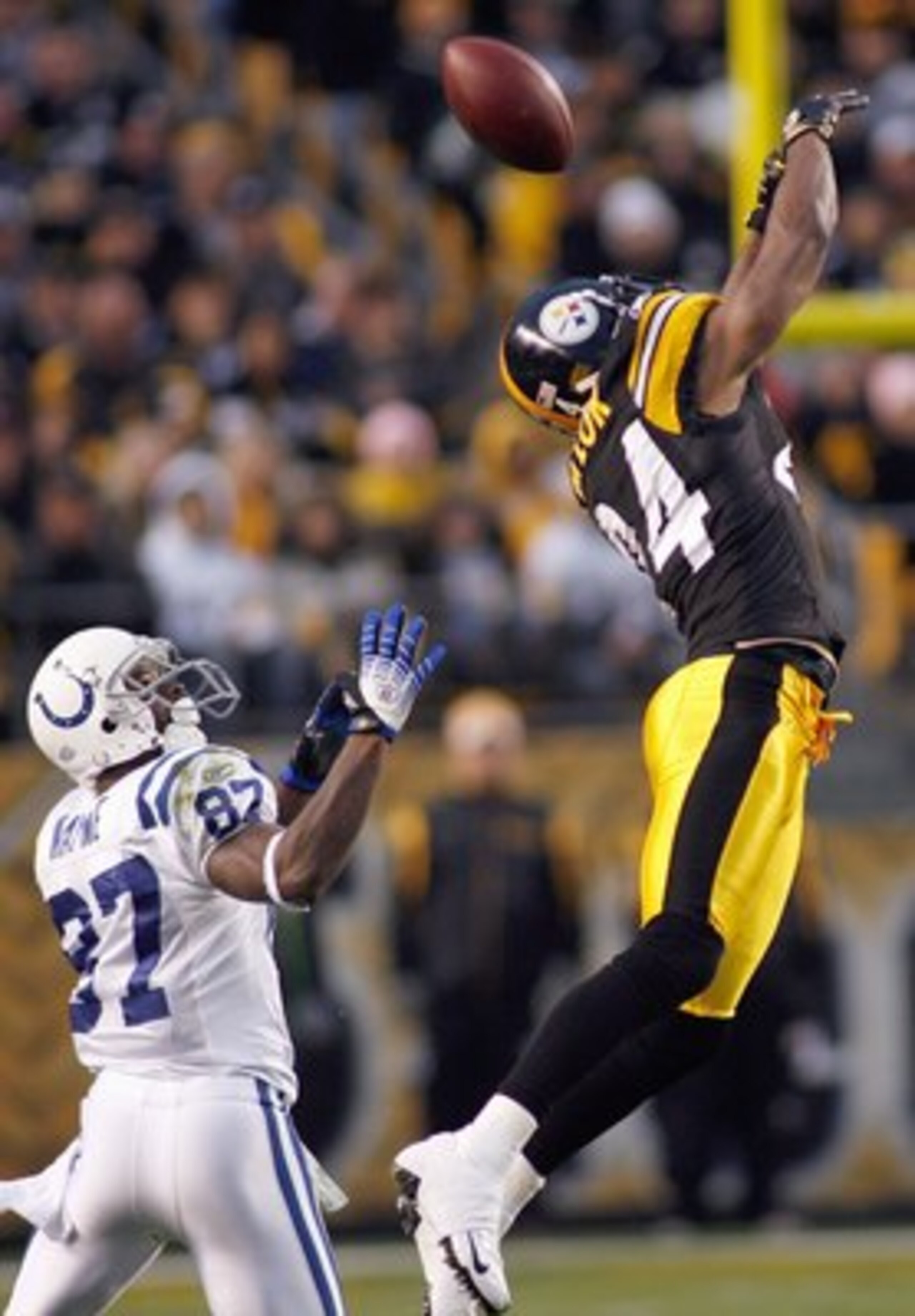 PITTSBURGH - NOVEMBER 9: Ike Taylor #24 of the Pittsburgh Steelers leaps to deflects the pass to Reggie Wayne #87 of the Indianapolis Colts on November 9, 2008 at Heinz Field in Pittsburgh, Pennsylvania. (Photo by: Rick Stewart/Getty Images) PITTSBURGH - NOVEMBER 9: Ike Taylor #24 of the Pittsburgh Steelers leaps to deflects the pass to Reggie Wayne #87 of the Indianapolis Colts on November 9, 2008 at Heinz Field in Pittsburgh, Pennsylvania. (Photo by: Rick Stewart/Getty Images)