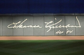 MINNEAPOLIS, MN - MAY 23: Hall of Famer Harmon Killebrew's autograph on the outfield wall of Target Field on May 23, 2011 in Minneapolis, Minnesota. Harmon Killebrew passed away on May 17, 2011 after a battle with esophageal cancer. (Photo by Hannah Fosli